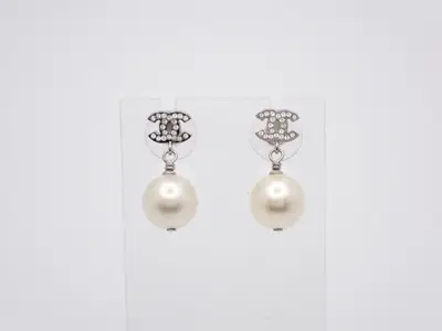 earrings, A17V, Coco Mark design, rhinestones, pearls, 2.8cm in height.