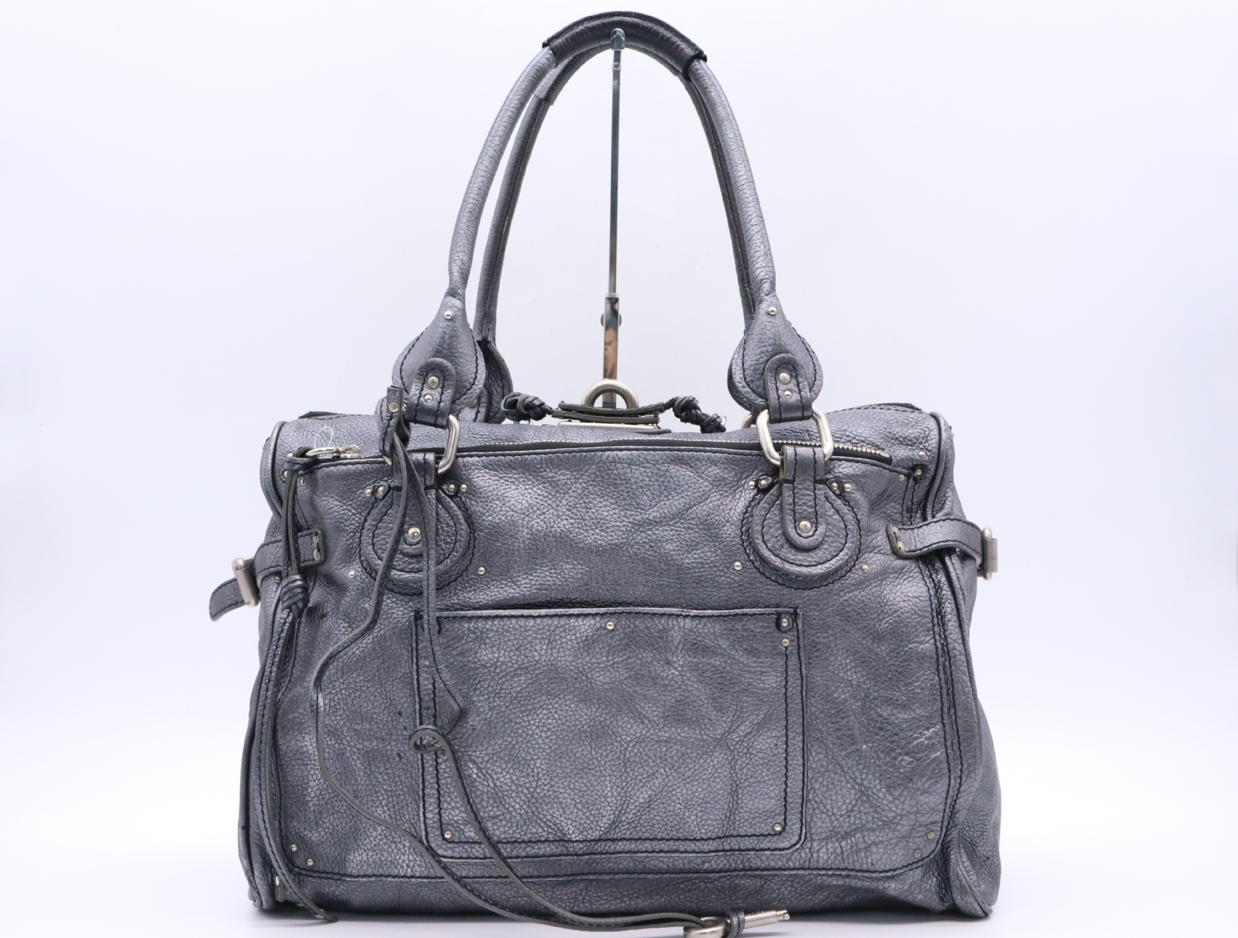 Leather Paddington Tote Bag with Key, Gray Handbag