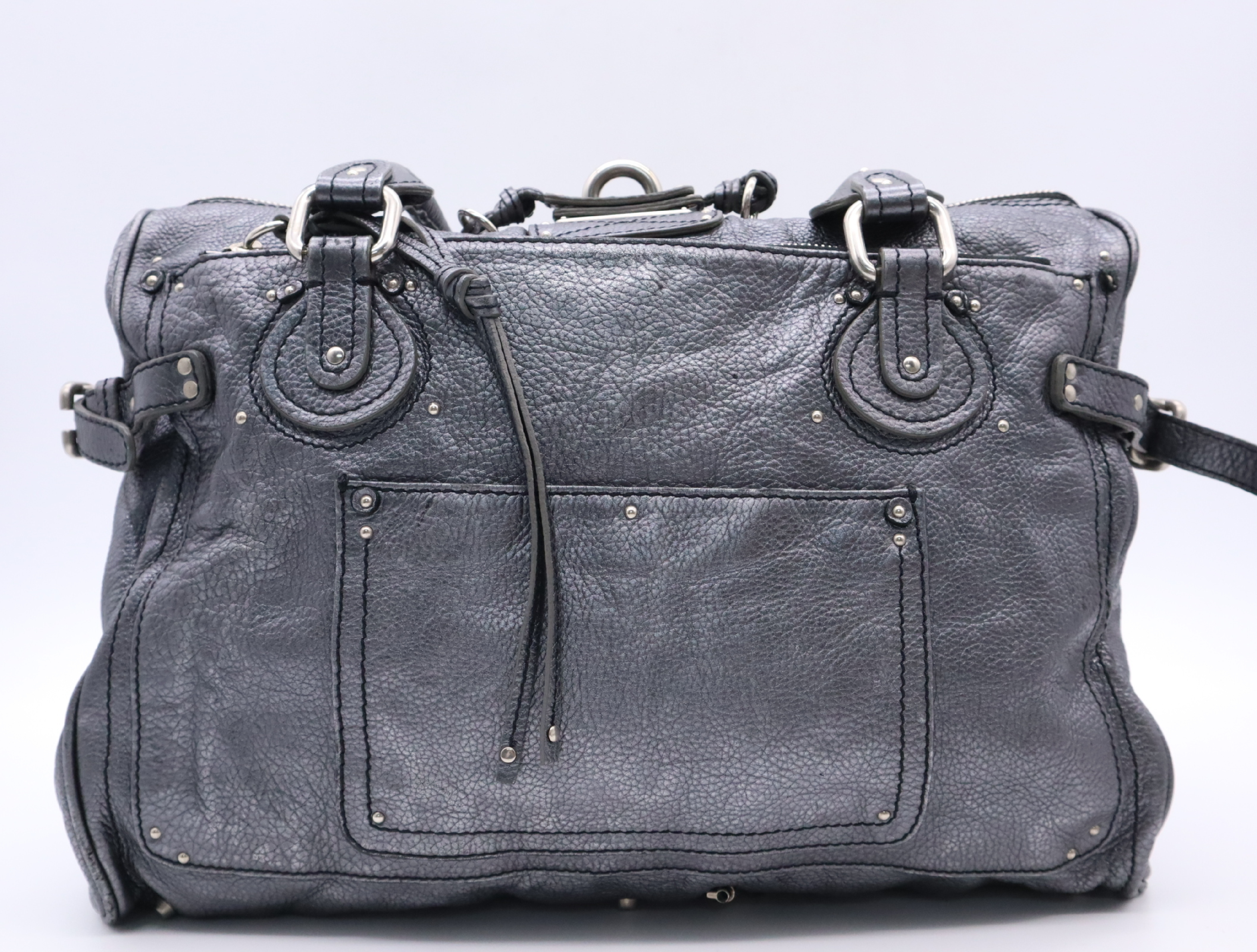 Leather Paddington Tote Bag with Key, Gray Handbag — view 2