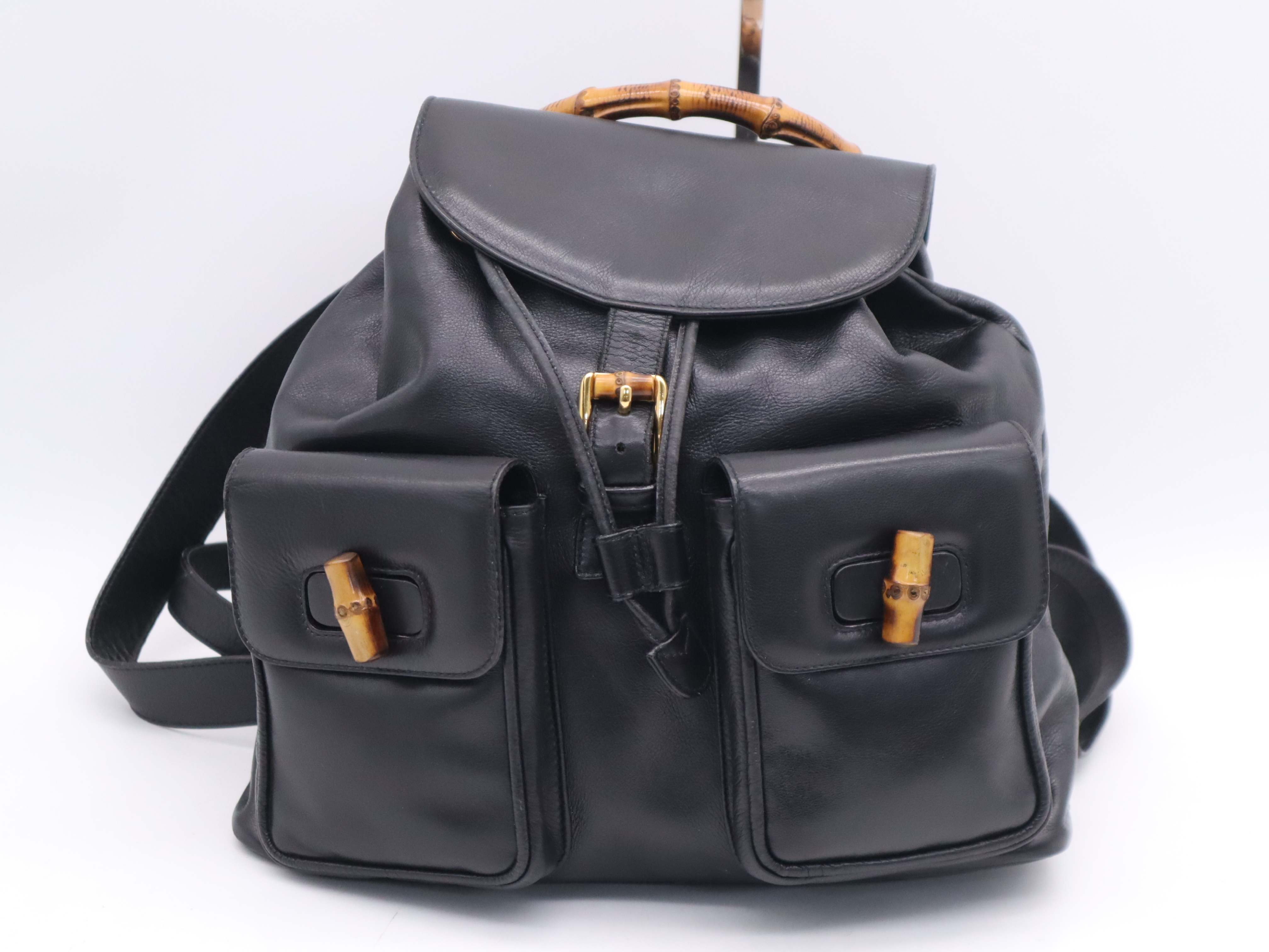 003-2058-0016 Leather Bamboo Backpack, Black with Gold Hardware
