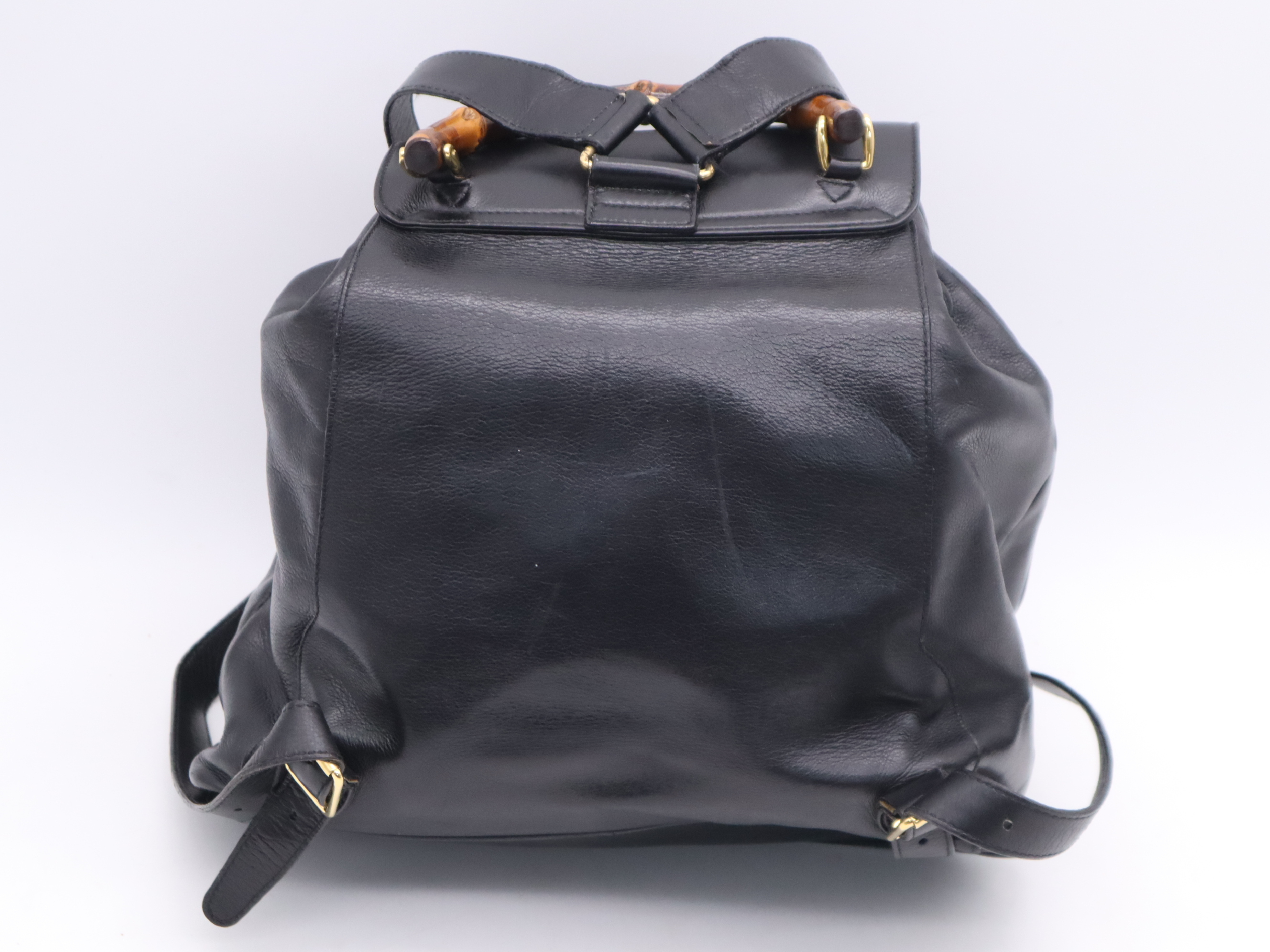 003-2058-0016 Leather Bamboo Backpack, Black with Gold Hardware — view 2