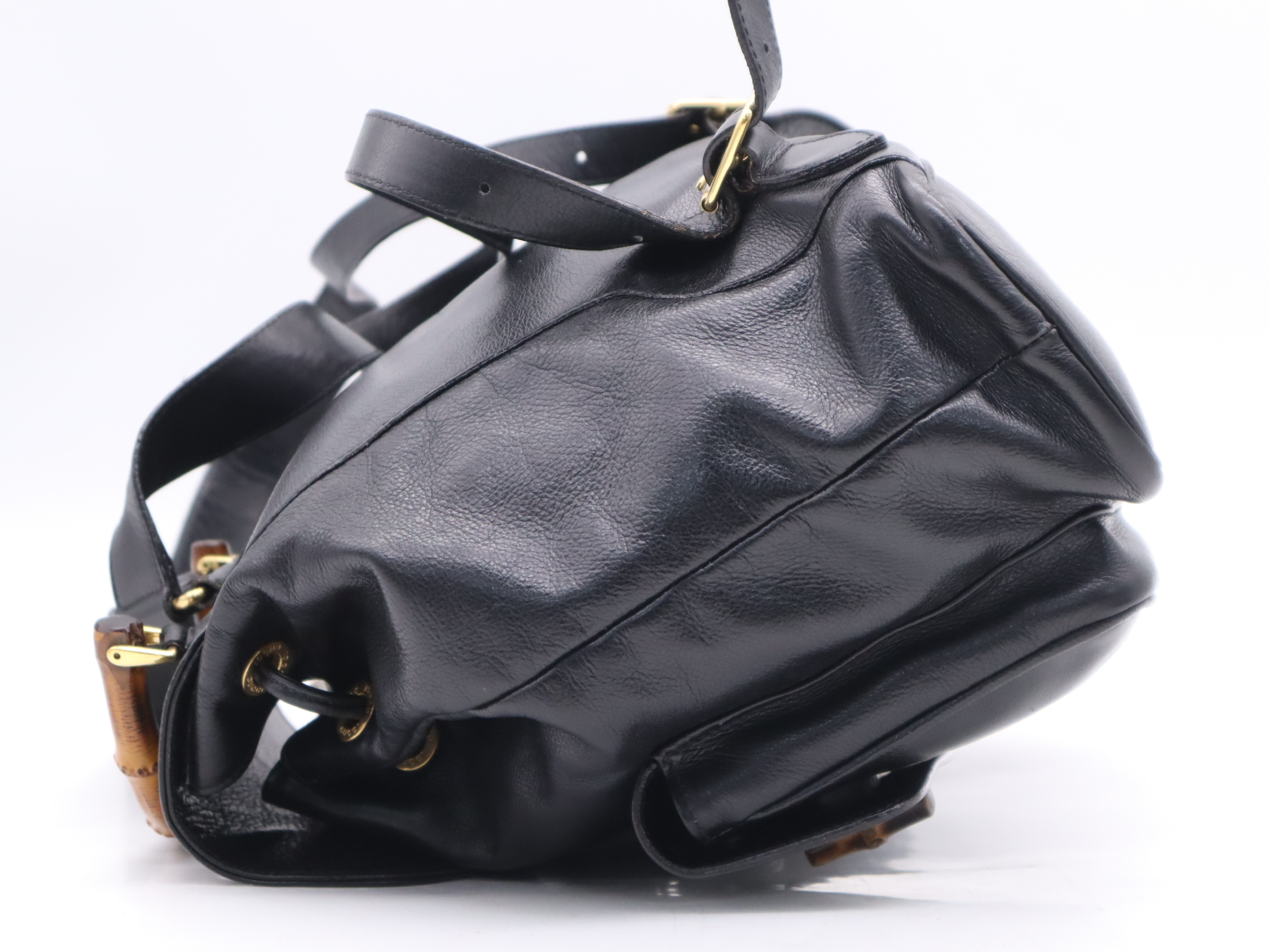 003-2058-0016 Leather Bamboo Backpack, Black with Gold Hardware — view 3