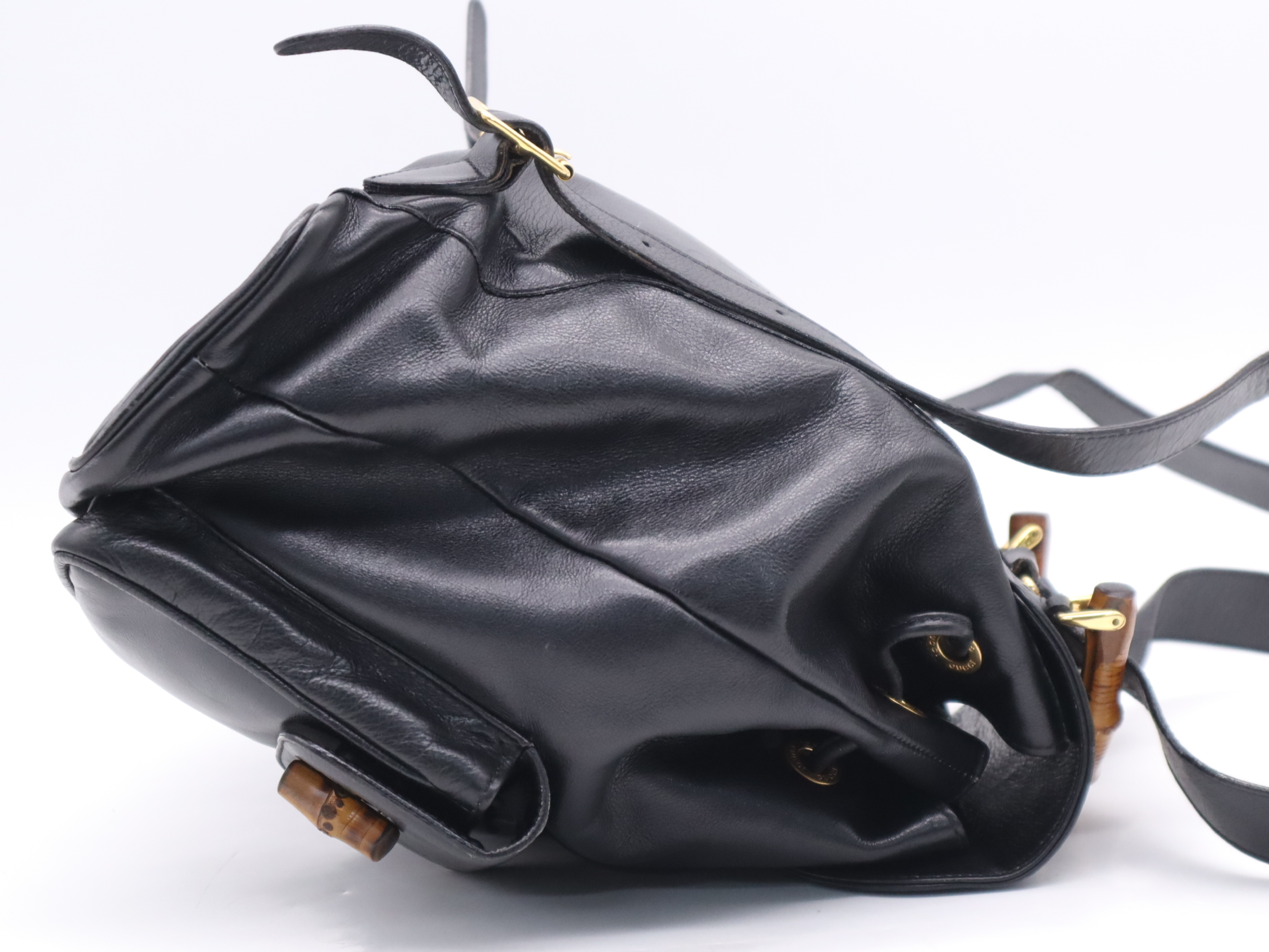 003-2058-0016 Leather Bamboo Backpack, Black with Gold Hardware — view 5