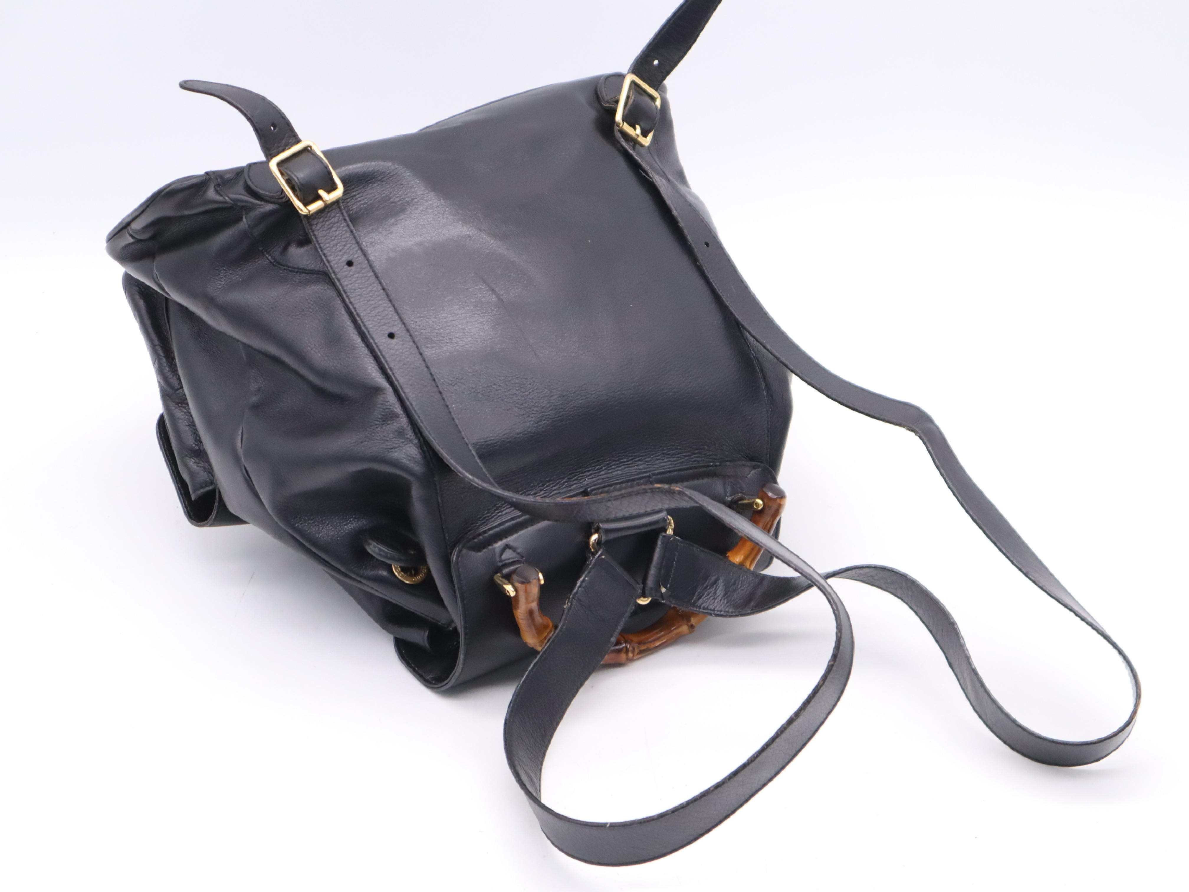 003-2058-0016 Leather Bamboo Backpack, Black with Gold Hardware — view 6