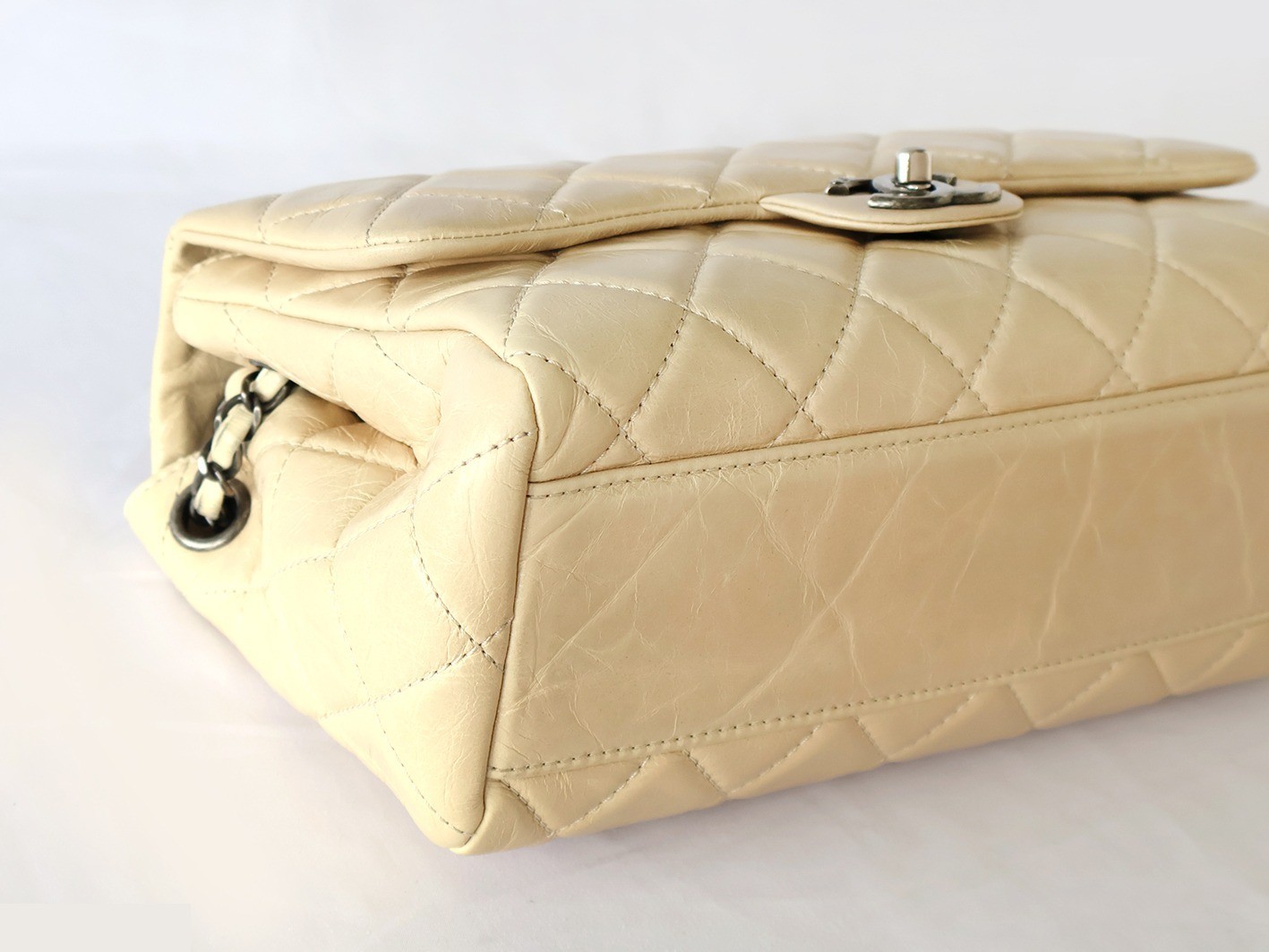 Matelassé Vintage Calfskin Chain Shoulder Bag, Beige — view 3