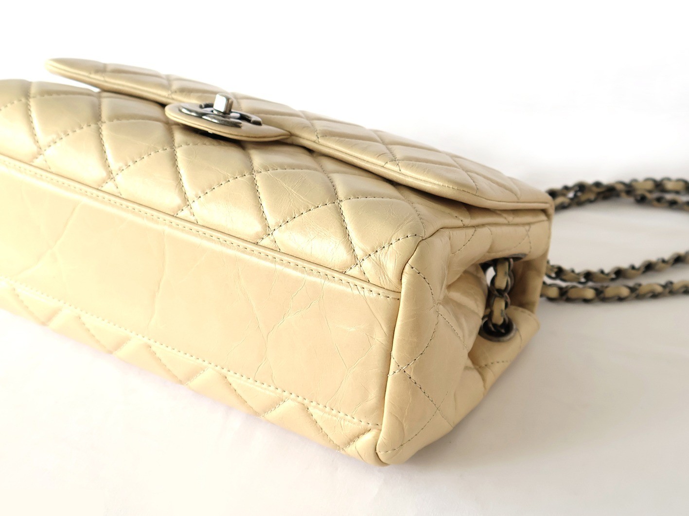 Matelassé Vintage Calfskin Chain Shoulder Bag, Beige — view 4