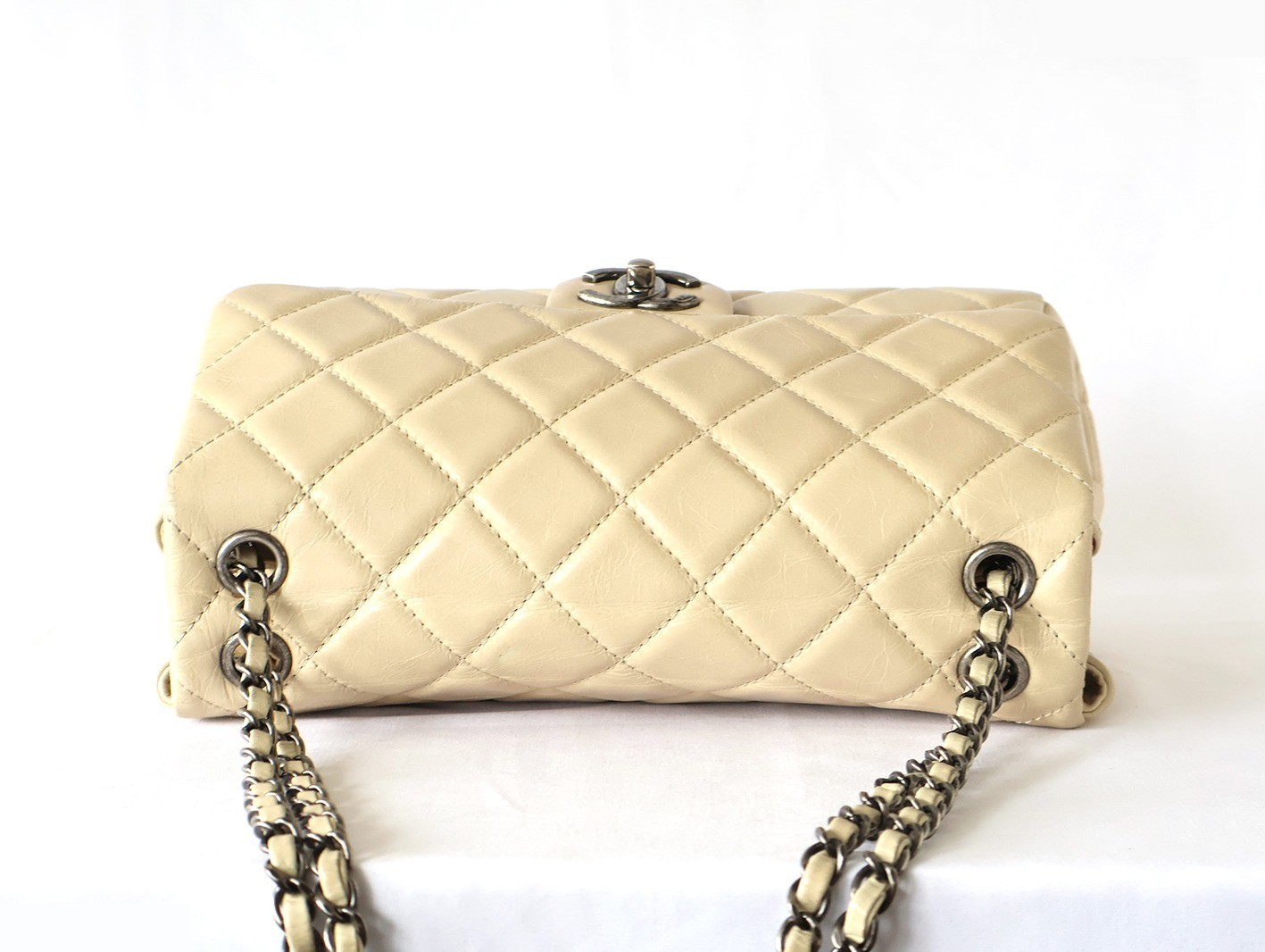 Matelassé Vintage Calfskin Chain Shoulder Bag, Beige — view 5