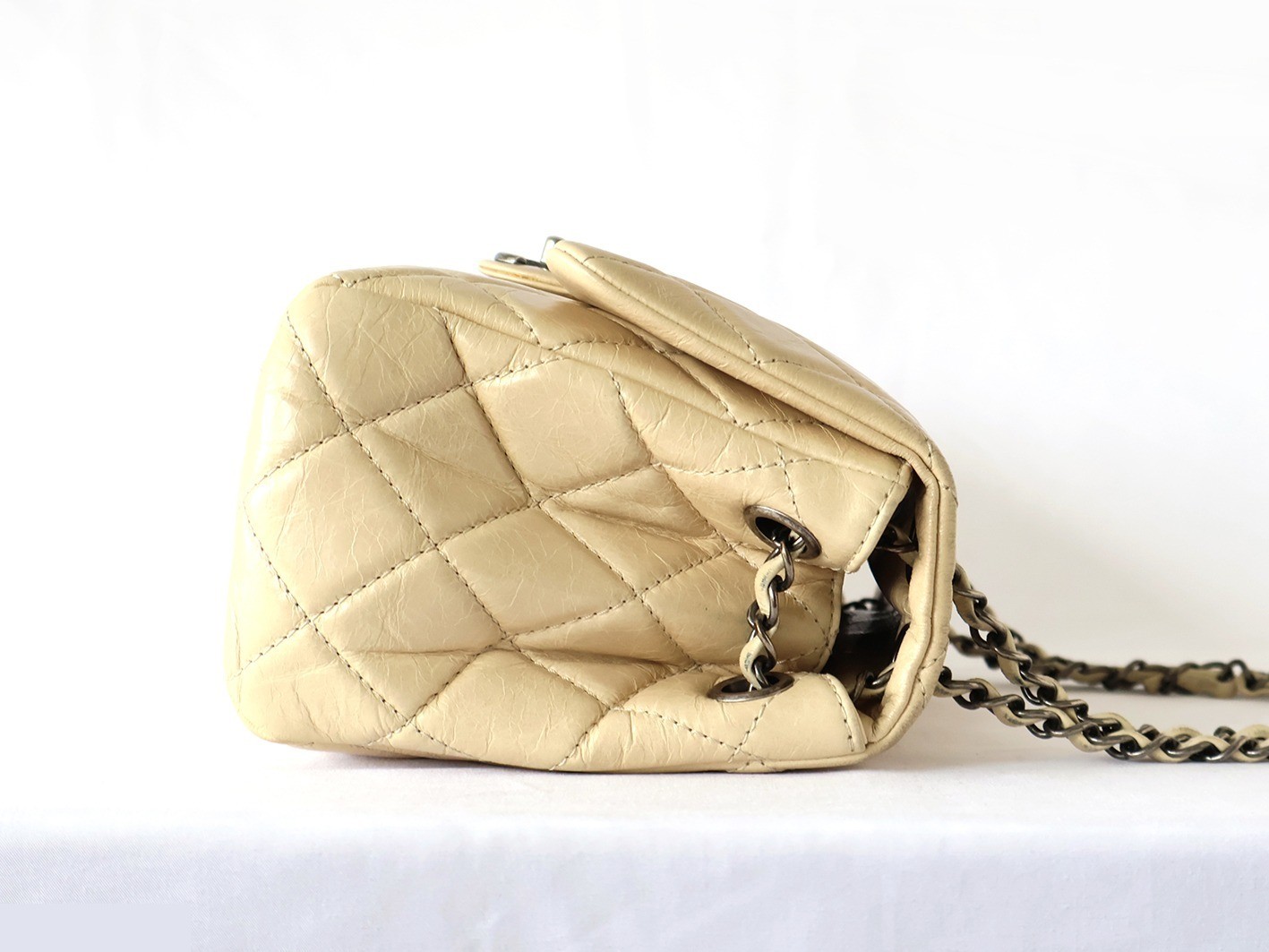 Matelassé Vintage Calfskin Chain Shoulder Bag, Beige — view 6