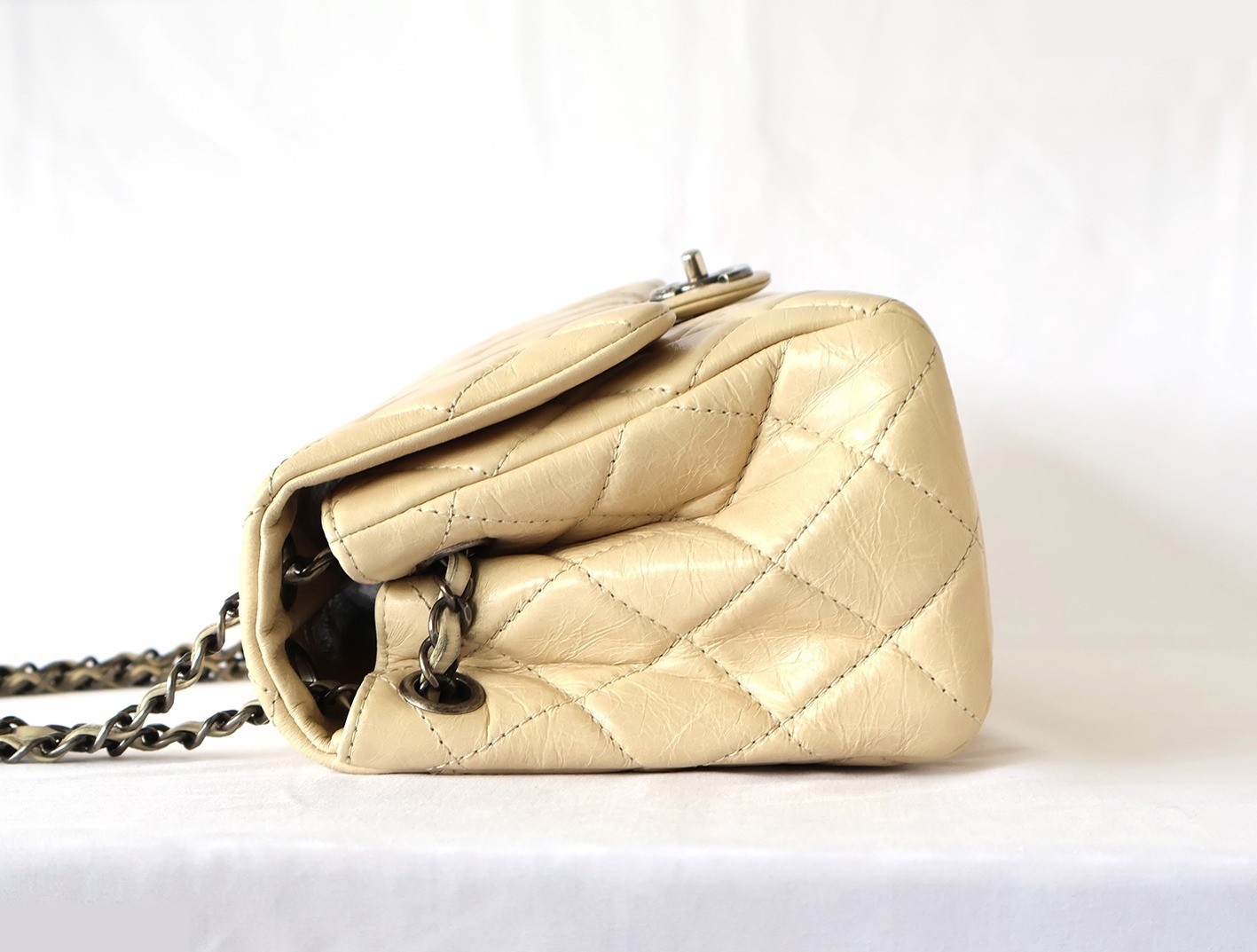 Matelassé Vintage Calfskin Chain Shoulder Bag, Beige — view 7