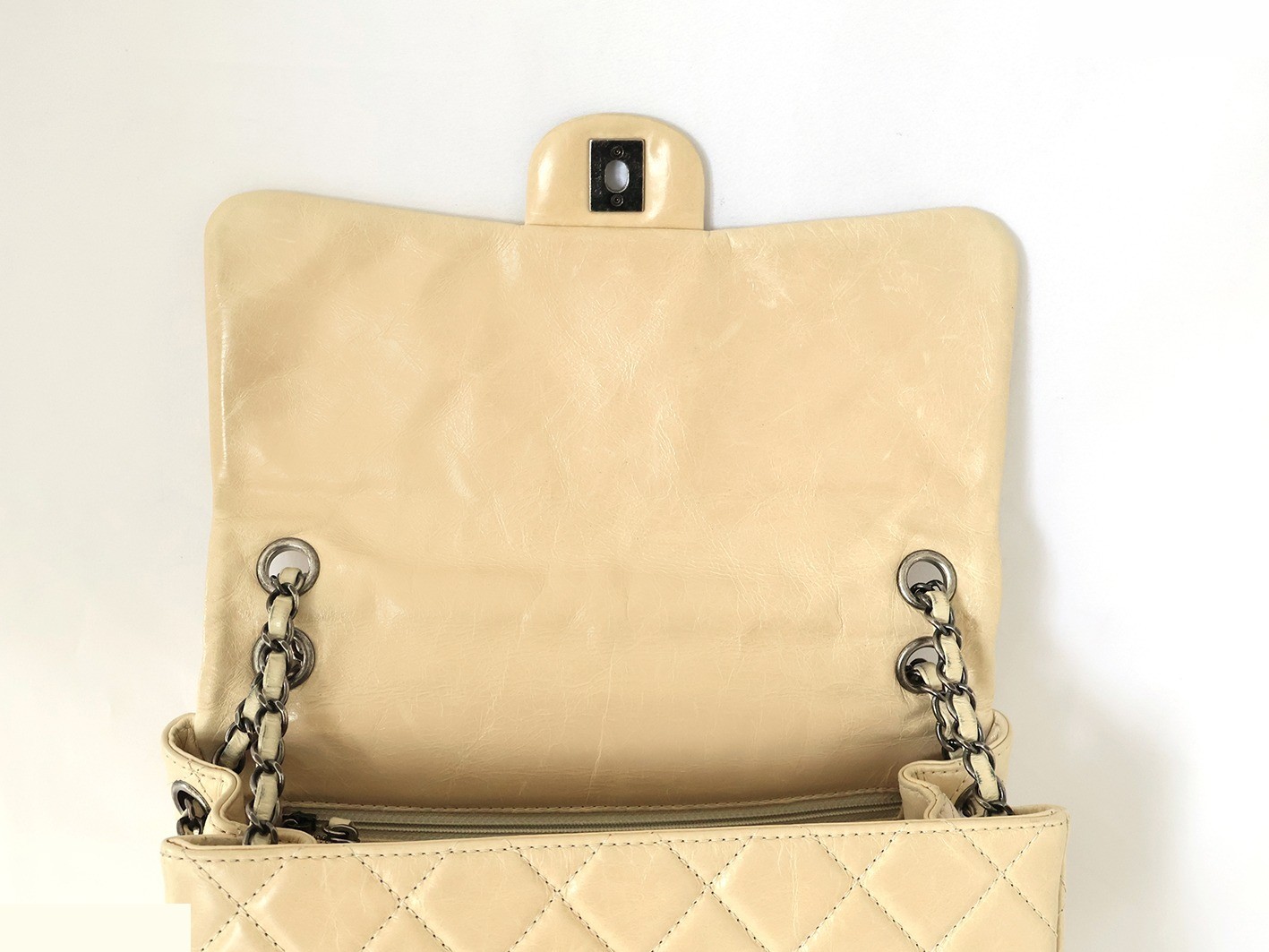 Matelassé Vintage Calfskin Chain Shoulder Bag, Beige — view 8