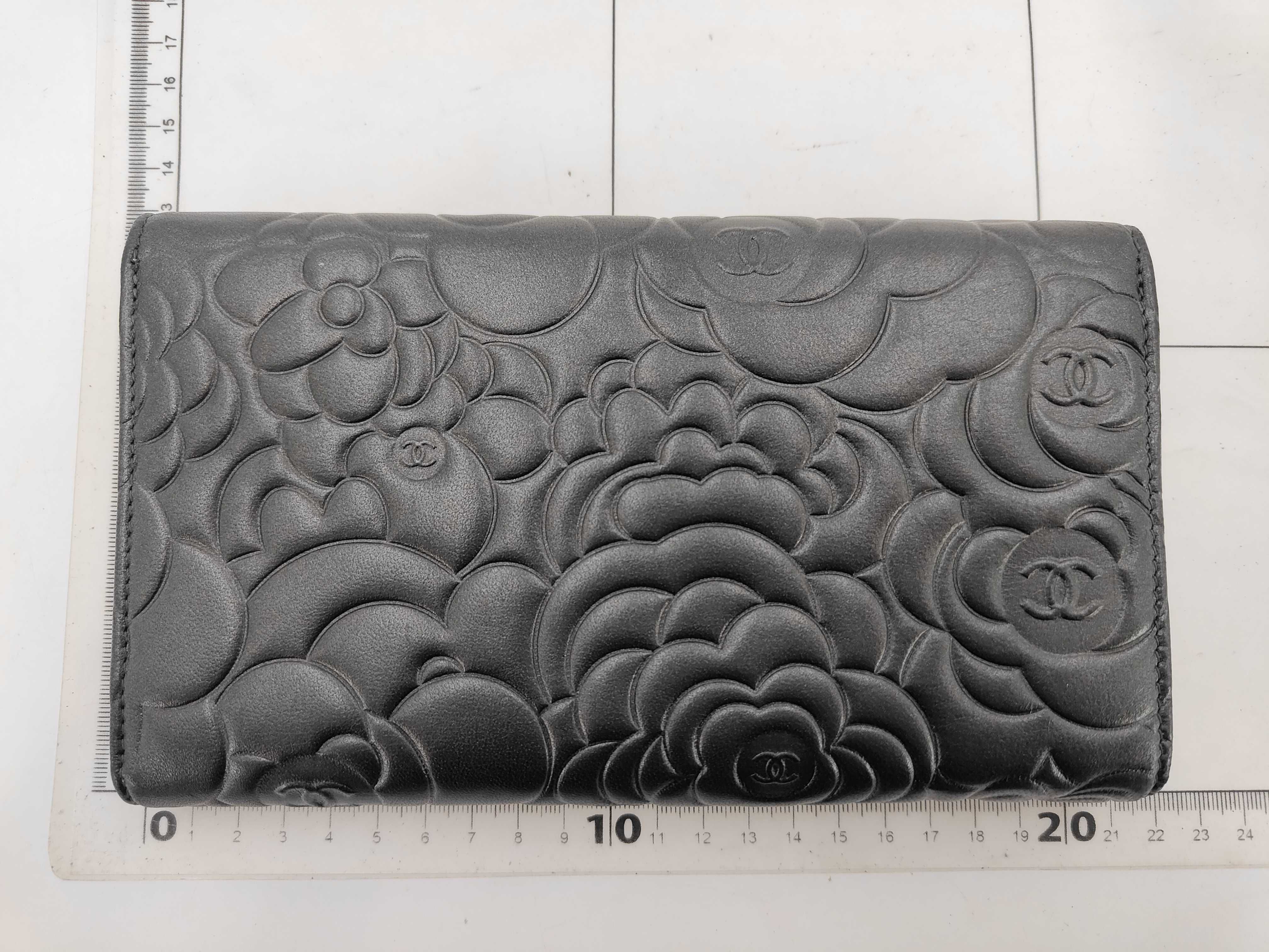 Camellia Long Wallet, Black, with card and sticker, serial number in the 18 range. — view 2