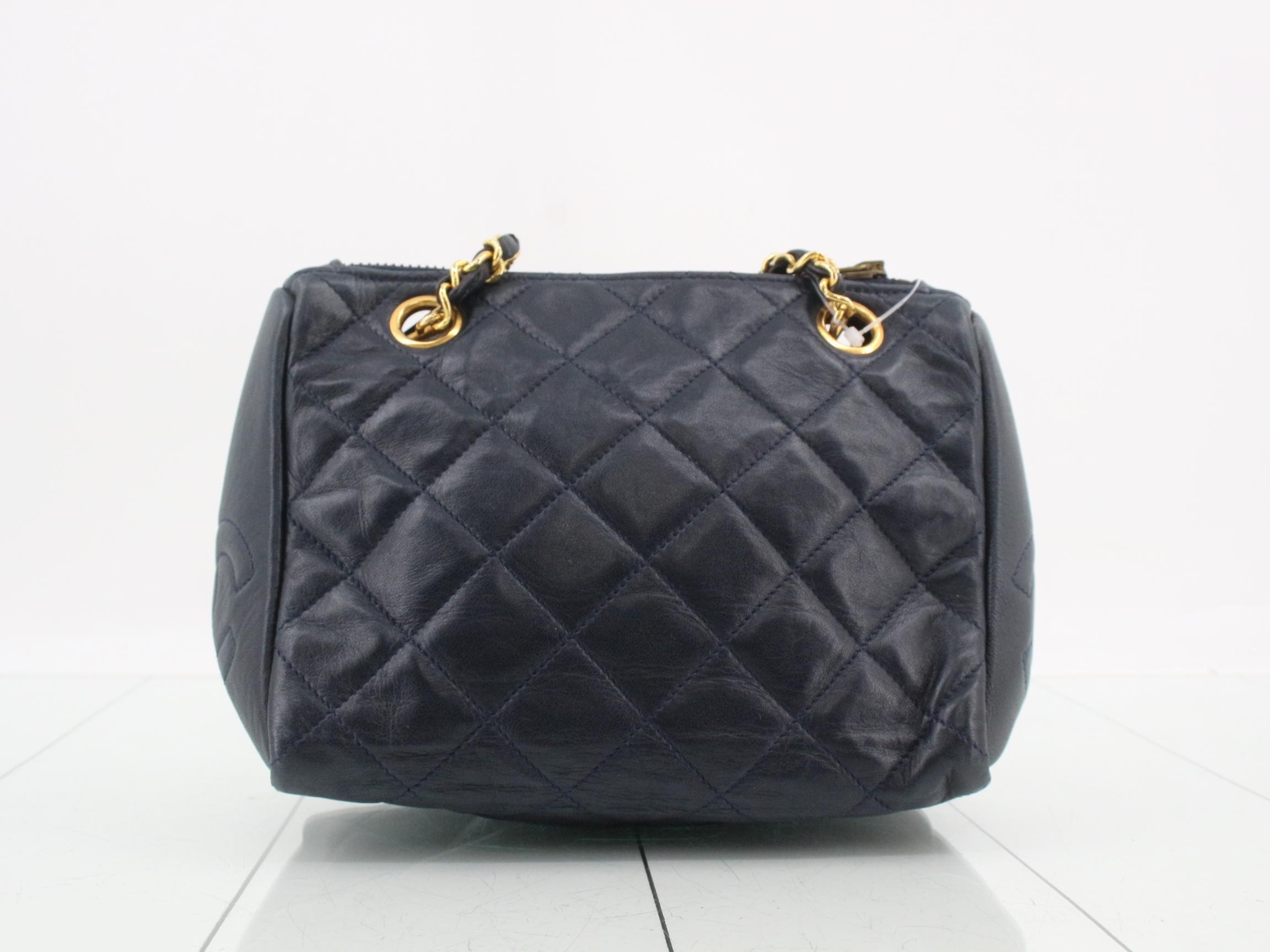 Matelassé Lambskin Chain Shoulder Bag, Navy — view 2