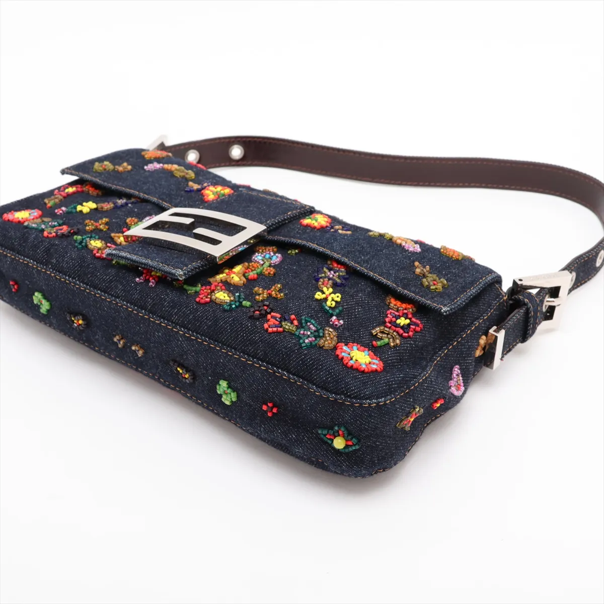 [Individually packaged] Fendi Mamma Bucket Denim x Beaded Shoulder Bag, Navy — view 3