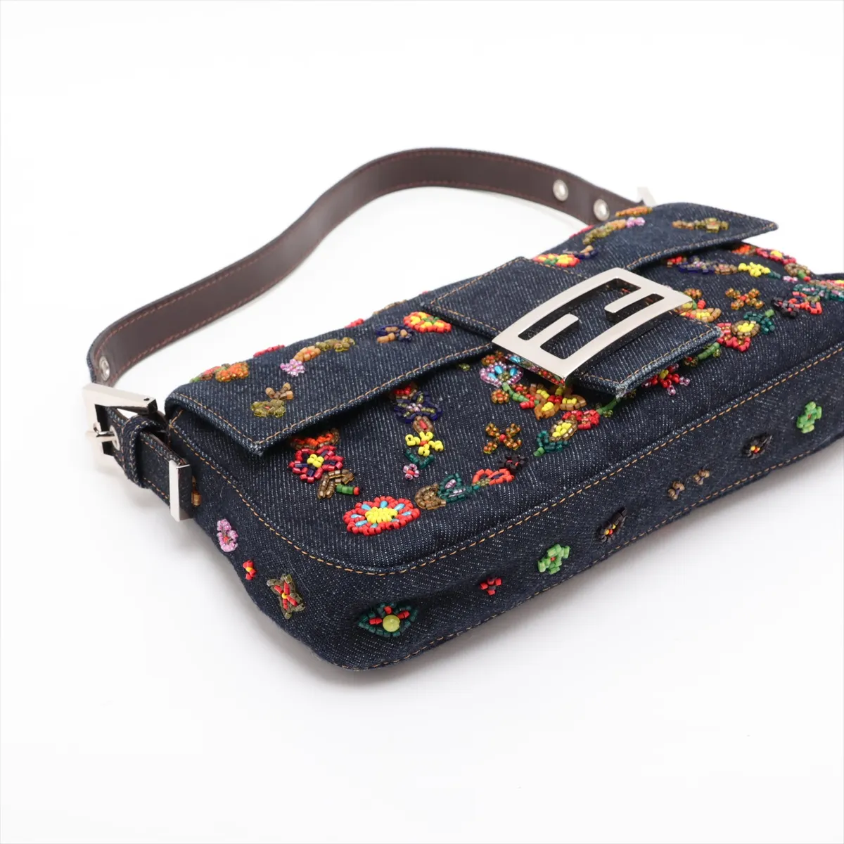 [Individually packaged] Fendi Mamma Bucket Denim x Beaded Shoulder Bag, Navy — view 4