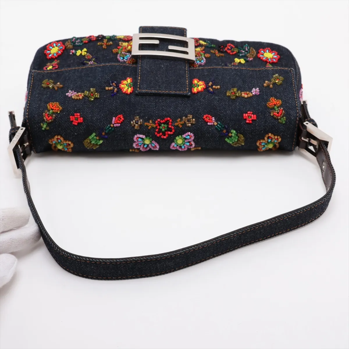 [Individually packaged] Fendi Mamma Bucket Denim x Beaded Shoulder Bag, Navy — view 5