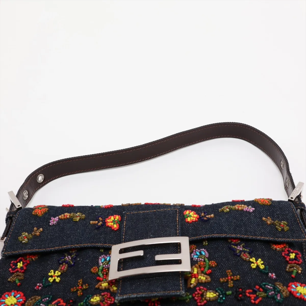 [Individually packaged] Fendi Mamma Bucket Denim x Beaded Shoulder Bag, Navy — view 6