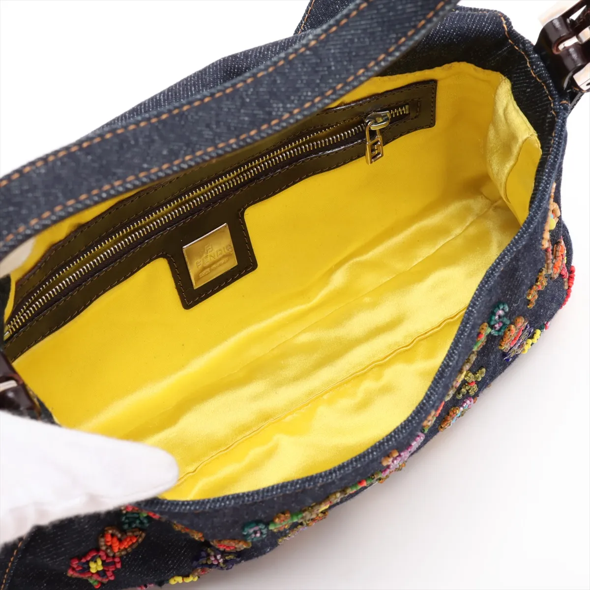 [Individually packaged] Fendi Mamma Bucket Denim x Beaded Shoulder Bag, Navy — view 7