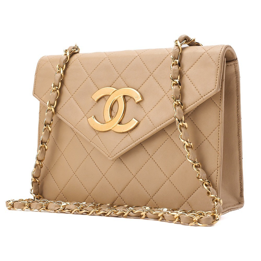 Lambskin Deca Coco V-flap chain shoulder bag, beige, gold hardware, series 1. — view 3