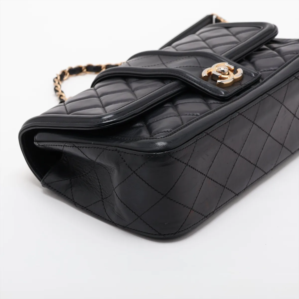 Matelassé Lambskin Single Flap Double Chain Bag, Black with Gold Hardware, 20764816 (Serial Number in the 20s) — view 4
