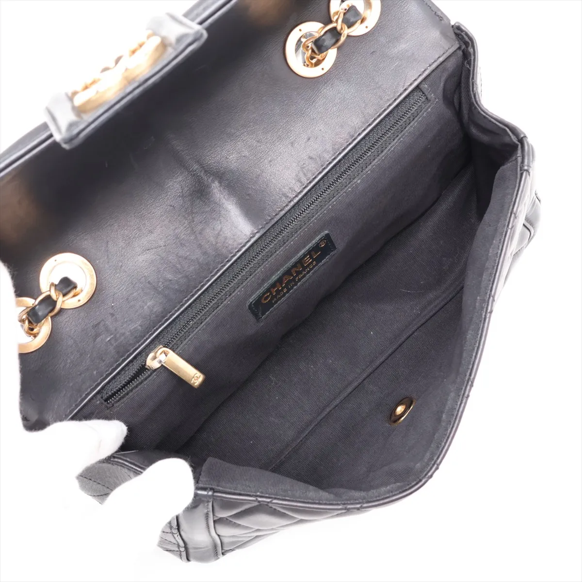 Matelassé Lambskin Single Flap Double Chain Bag, Black with Gold Hardware, 20764816 (Serial Number in the 20s) — view 7