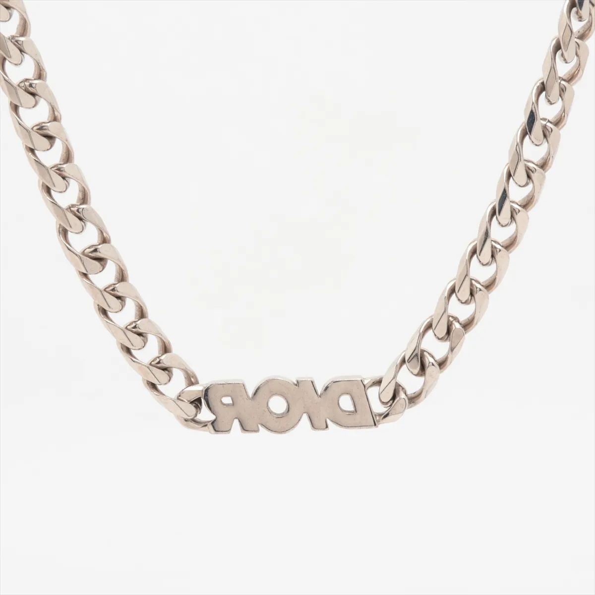 Chain Link Necklace, Metal x Rhinestone, Silver. Shows signs of wear, — view 2
