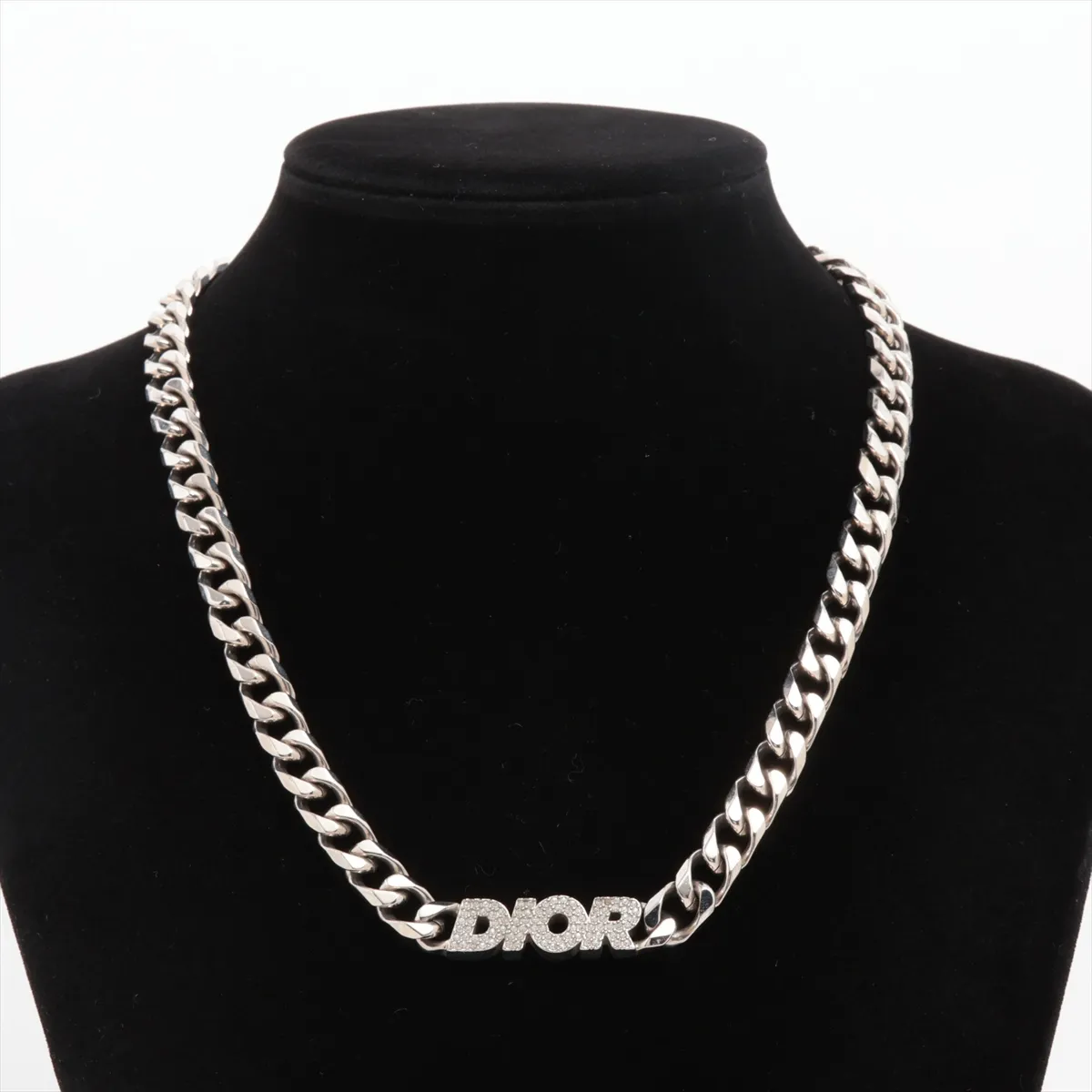 Chain Link Necklace, Metal x Rhinestone, Silver. Shows signs of wear, — view 5
