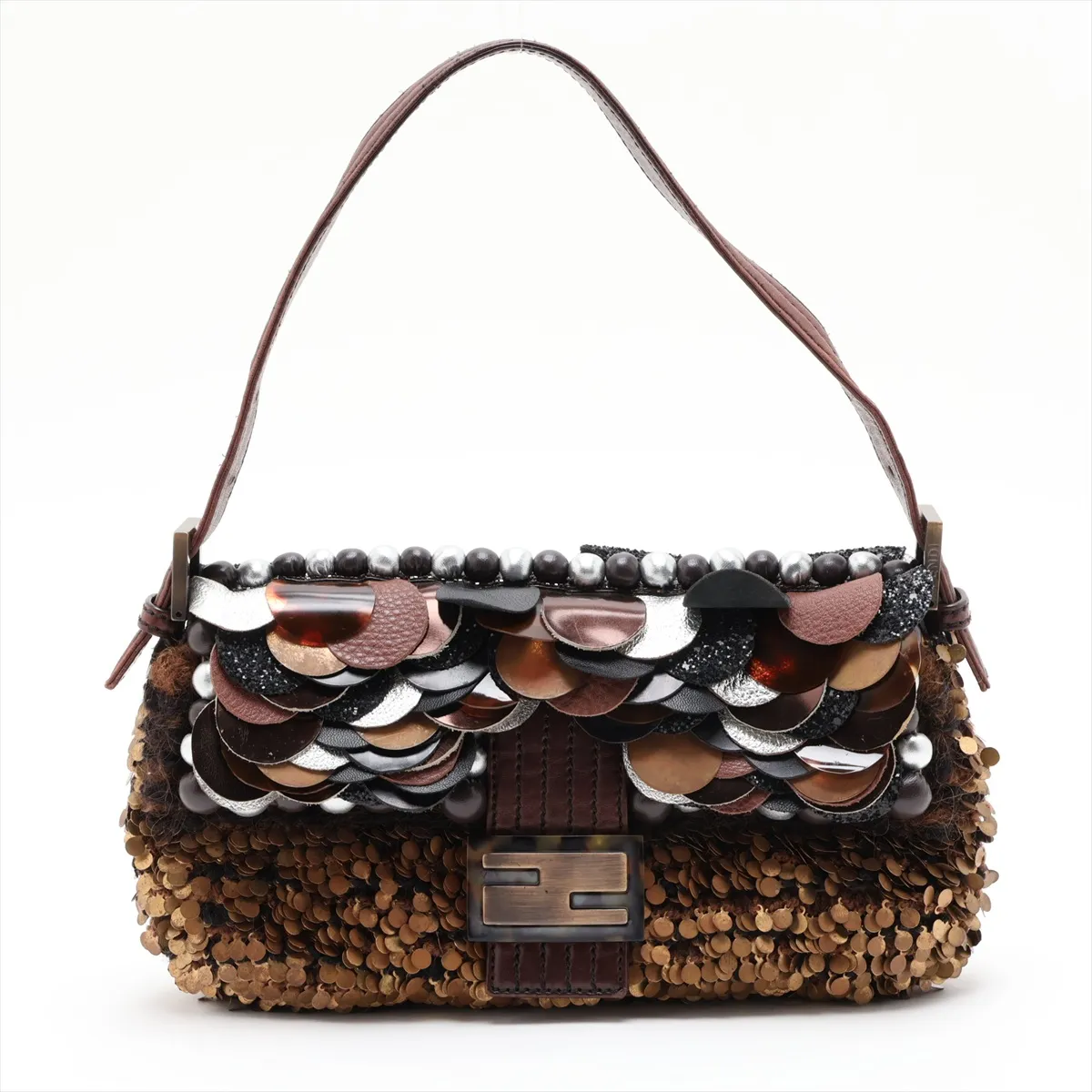 Mamma Bucket 8BR000 Leather x Sequin x Wool Shoulder Bag Brown x Beige
