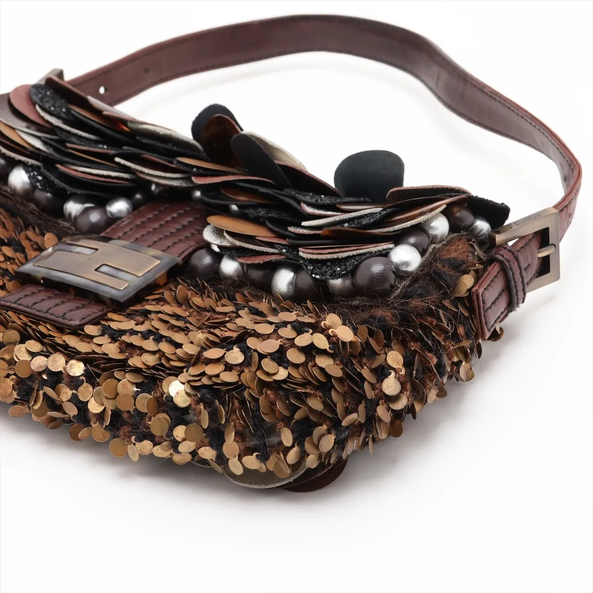 Mamma Bucket 8BR000 Leather x Sequin x Wool Shoulder Bag Brown x Beige — view 3