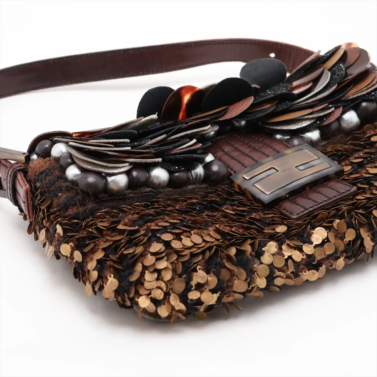 Mamma Bucket 8BR000 Leather x Sequin x Wool Shoulder Bag Brown x Beige — view 4