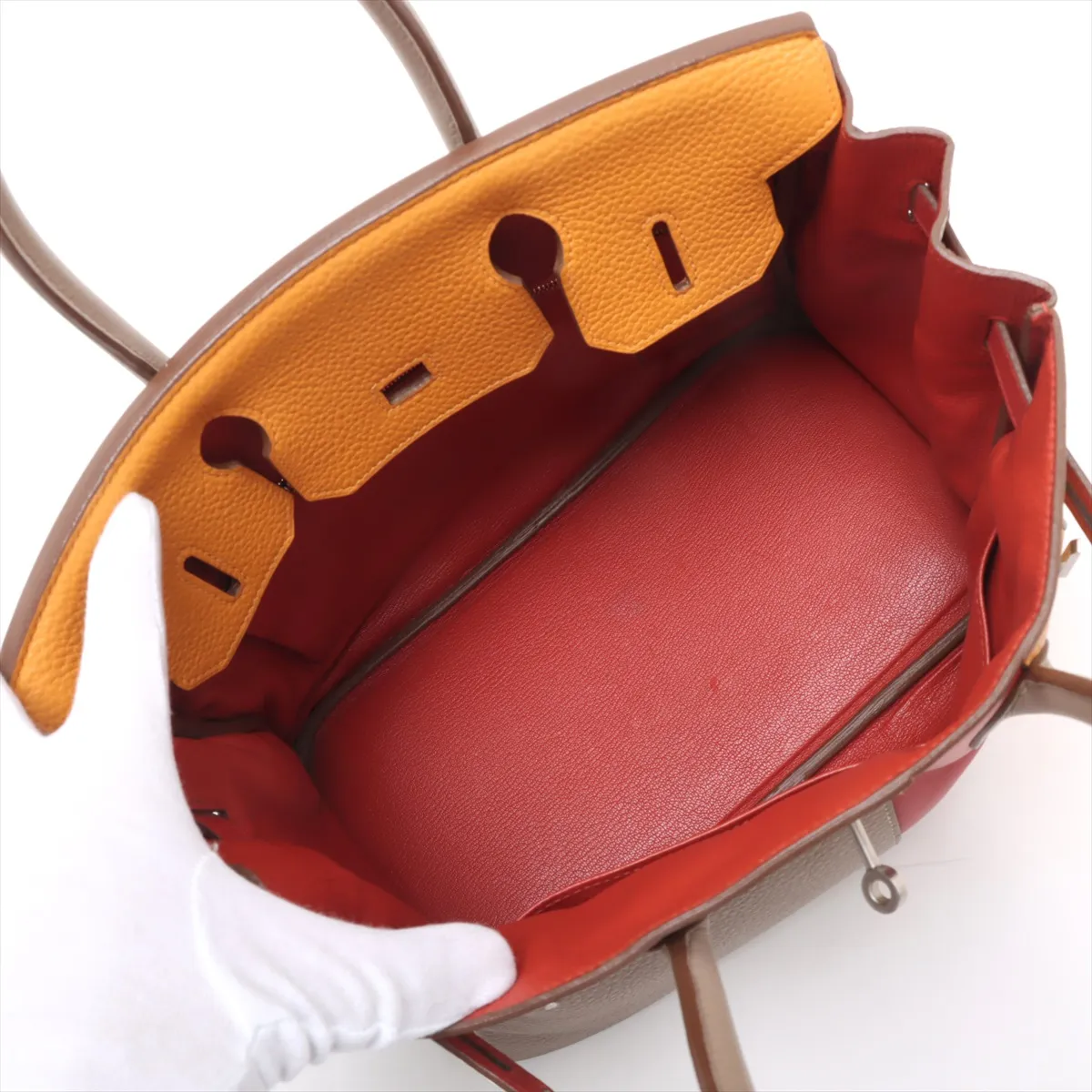[Individually wrapped] Hermes Birkin Kazak 30 Taurillon Clemence x Vaux Swift Tourtière Gray x Sanguine x Mutard Matte Silver Hardware P:2012 — view 7