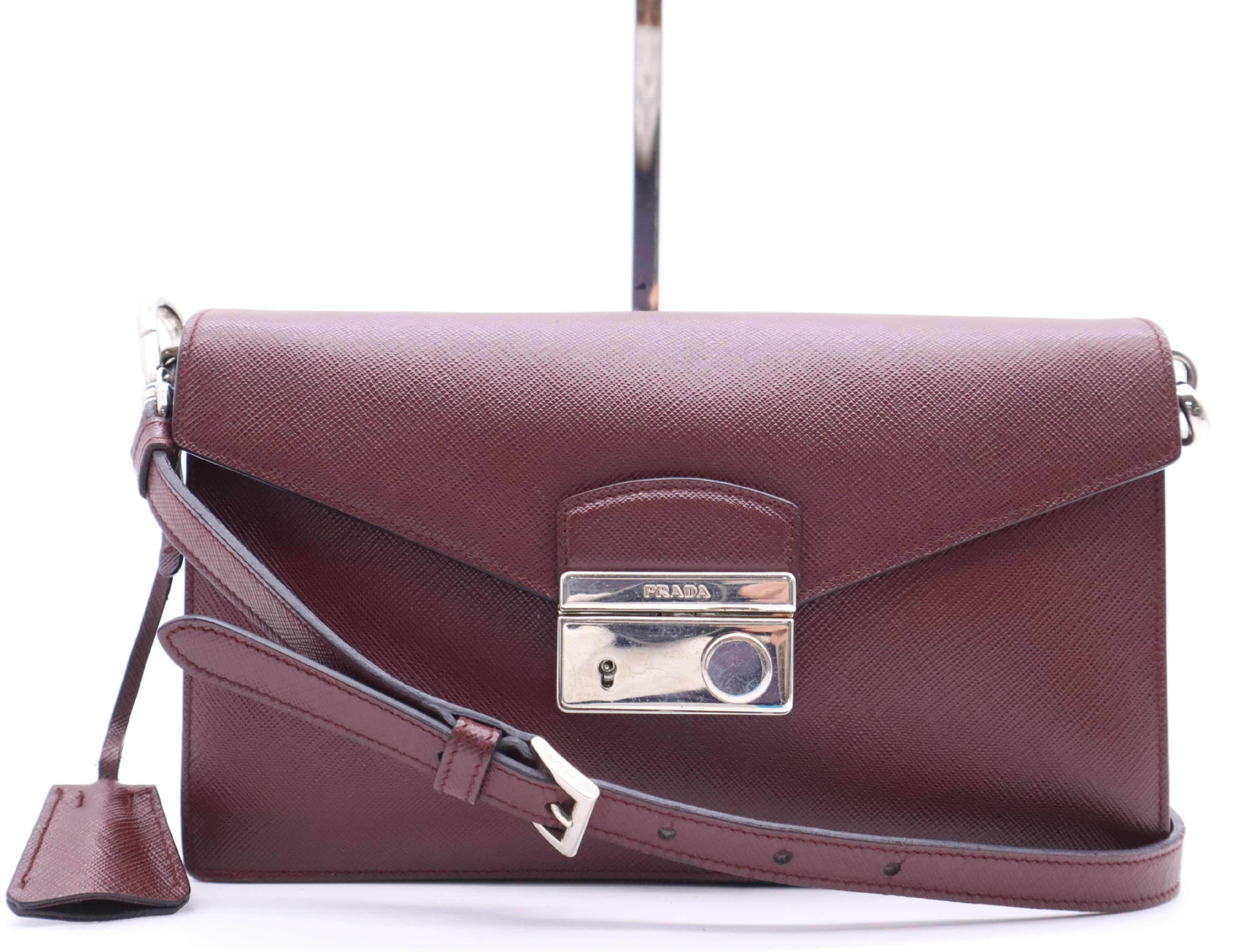 Saffiano Leather 2-Way Bag, Bordeaux, with Shoulder Strap, Clochette, and 2 Keys.