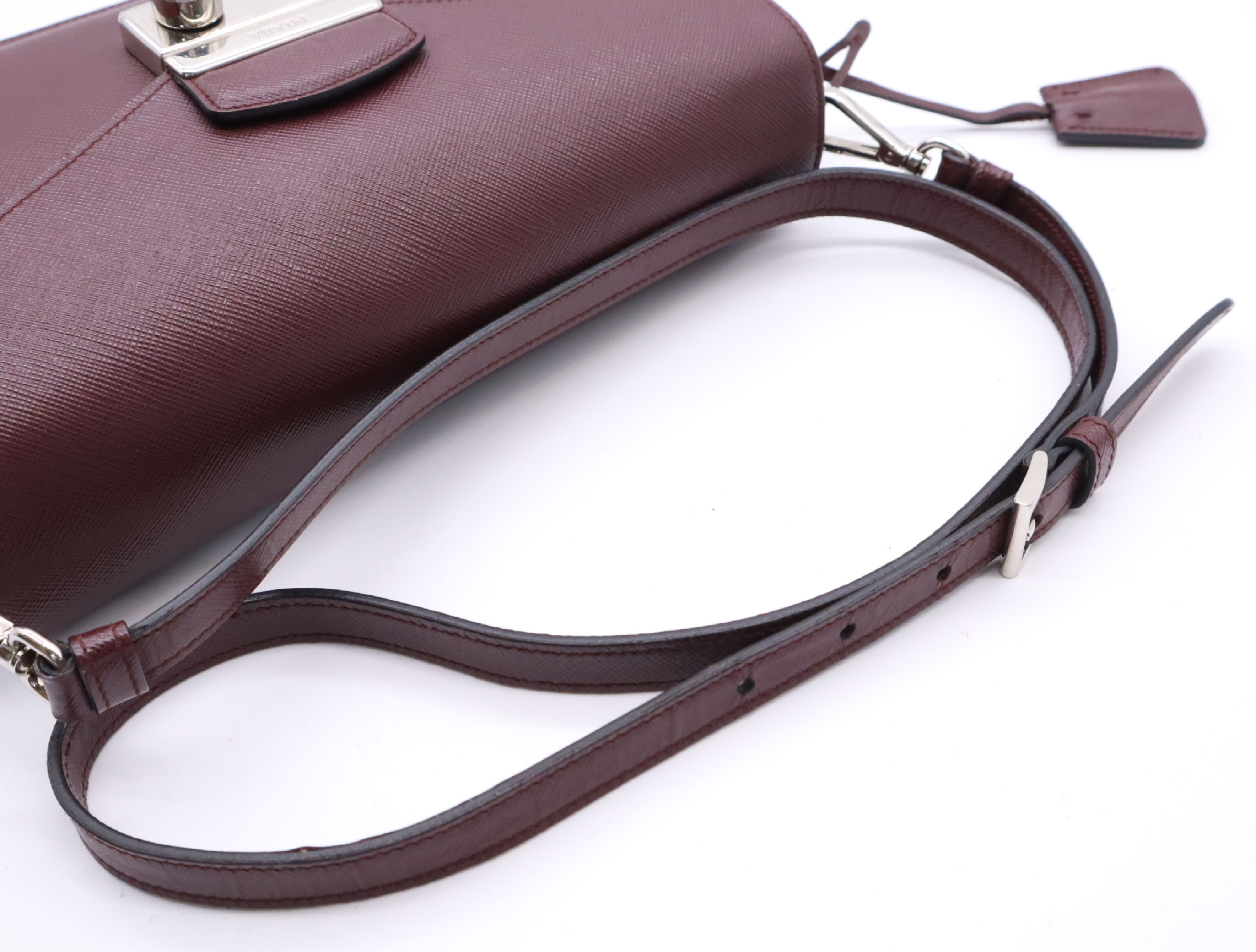 Saffiano Leather 2-Way Bag, Bordeaux, with Shoulder Strap, Clochette, and 2 Keys. — view 10