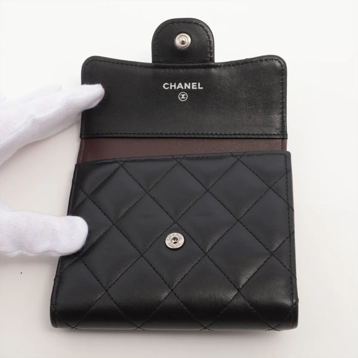 Matelassé Lambskin Compact Wallet, Black with Silver Hardware, UACTG452 — view 3