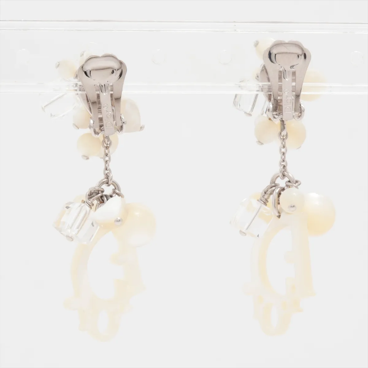 logo earrings (for both ears), metal and faux pearl, silver. Shows signs of wear, — view 2