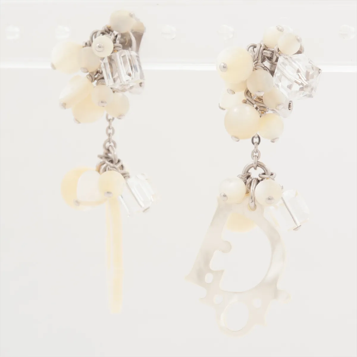 logo earrings (for both ears), metal and faux pearl, silver. Shows signs of wear, — view 3