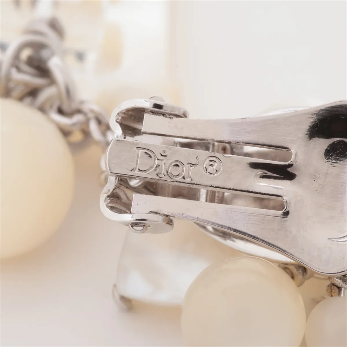 logo earrings (for both ears), metal and faux pearl, silver. Shows signs of wear, — view 5