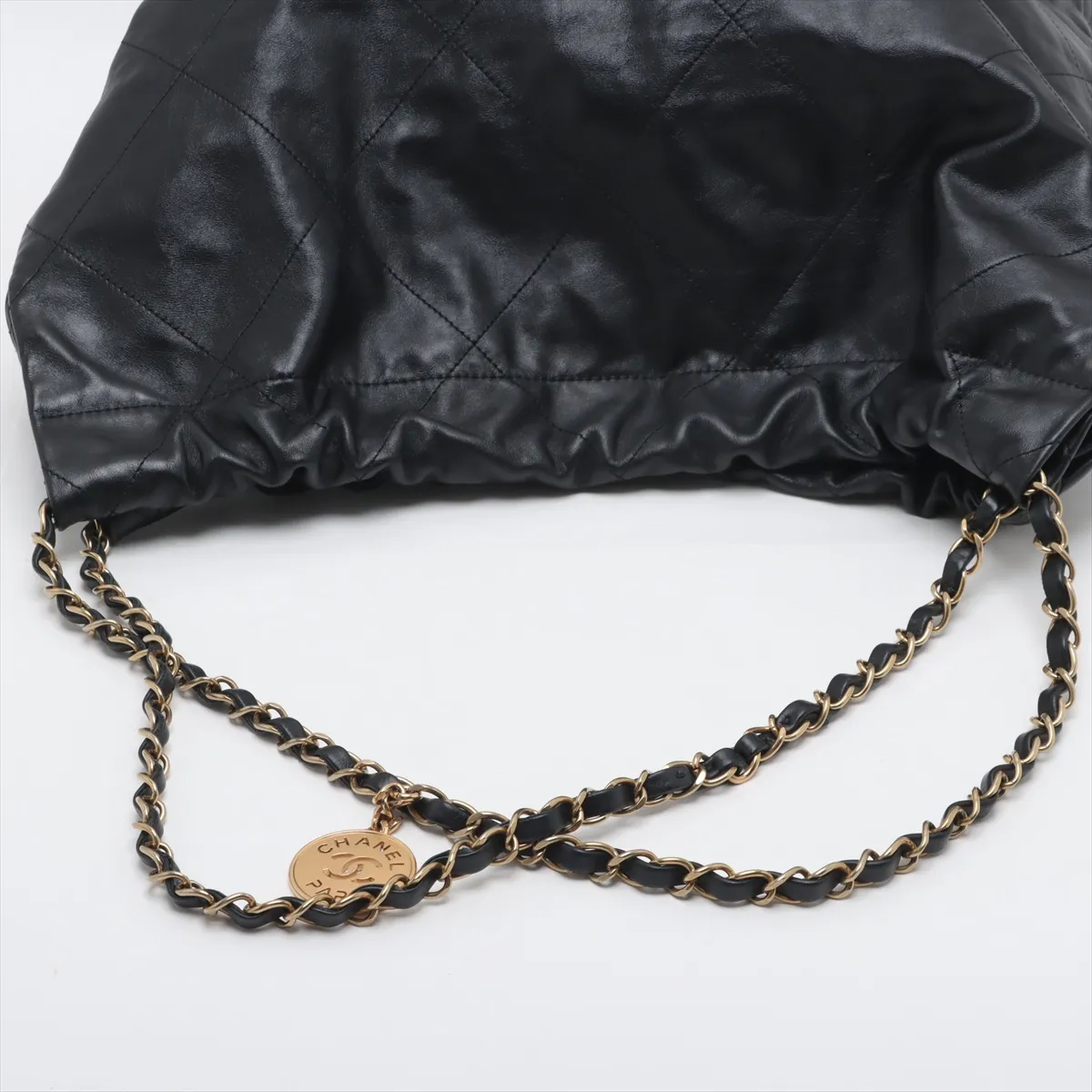[Individually wrapped] Chanel 22 Large Calfskin Chain Shoulder Bag Black Gold Hardware KNC02KH5 Random Plate — view 5
