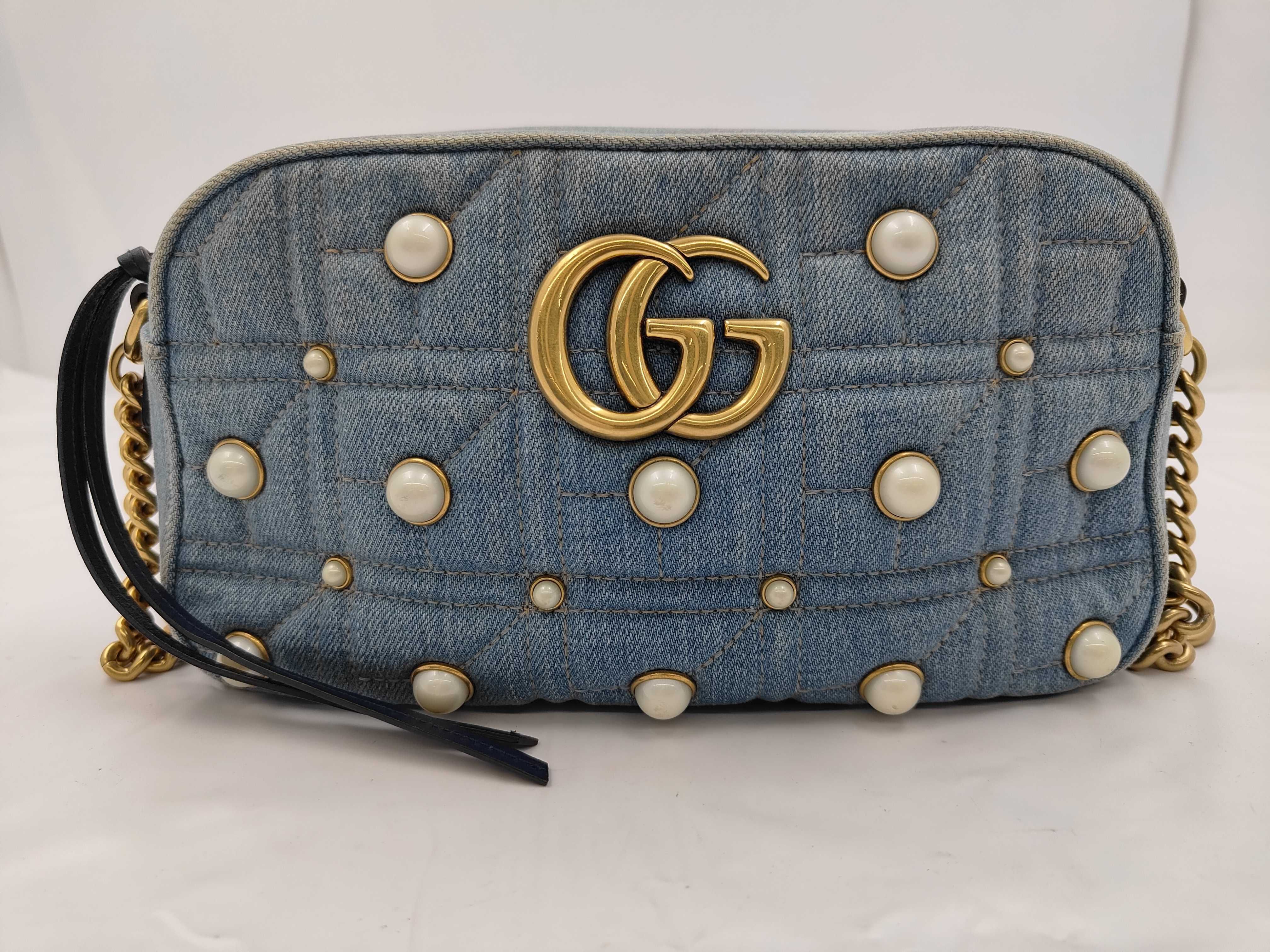 GG Marmont Pearl Shoulder Bag, Denim, 447632 (Bag)