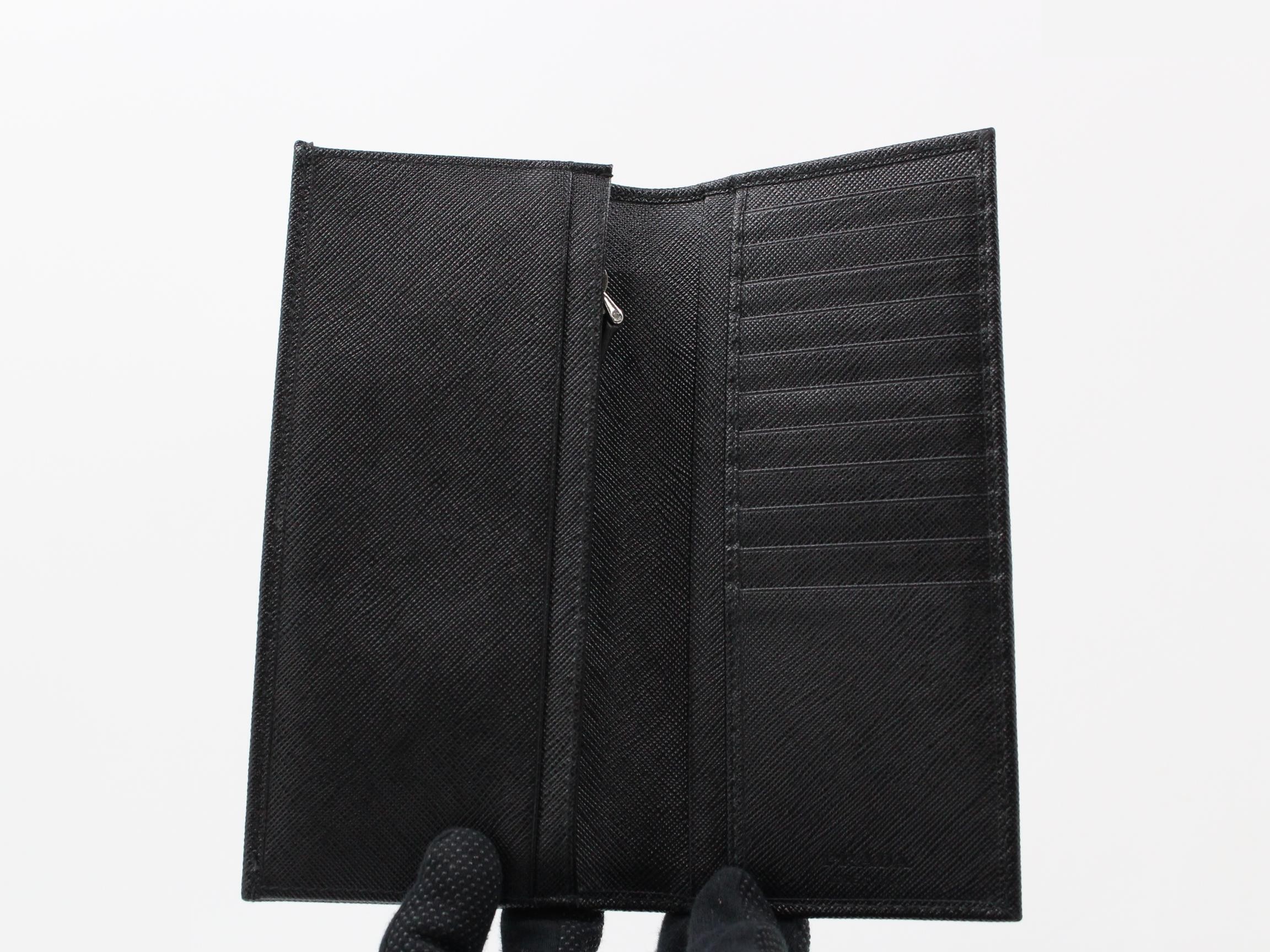Triangle logo Saffiano leather long wallet, unused, black. — view 4