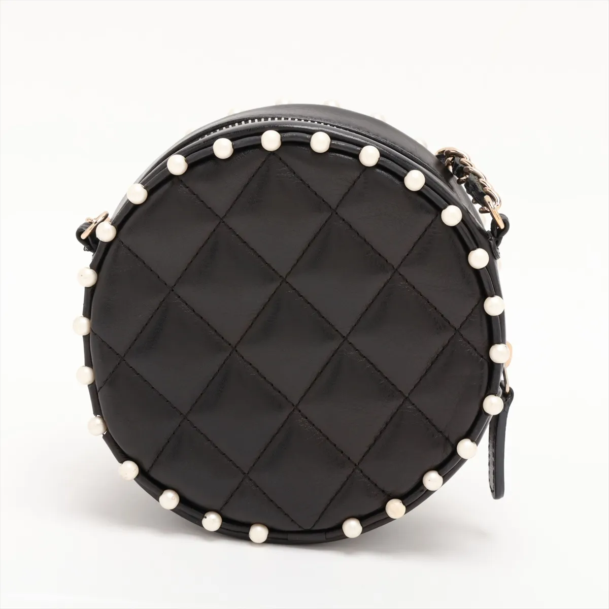 Matelassé Lambskin Chain Shoulder Bag, Round, Black with Gold Hardware, 29315148, Serial Number 29 — view 2