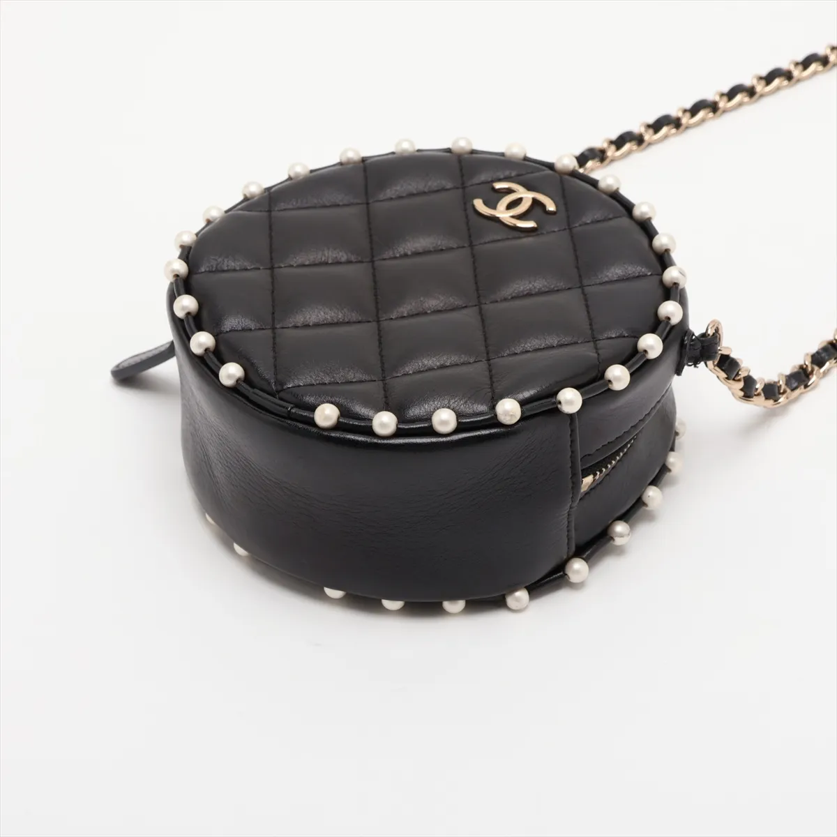 Matelassé Lambskin Chain Shoulder Bag, Round, Black with Gold Hardware, 29315148, Serial Number 29 — view 3