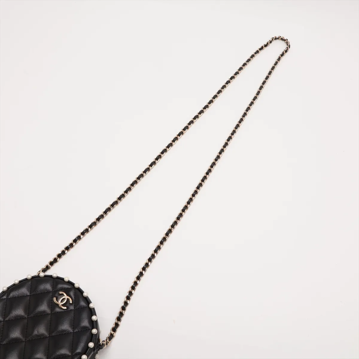 Matelassé Lambskin Chain Shoulder Bag, Round, Black with Gold Hardware, 29315148, Serial Number 29 — view 5