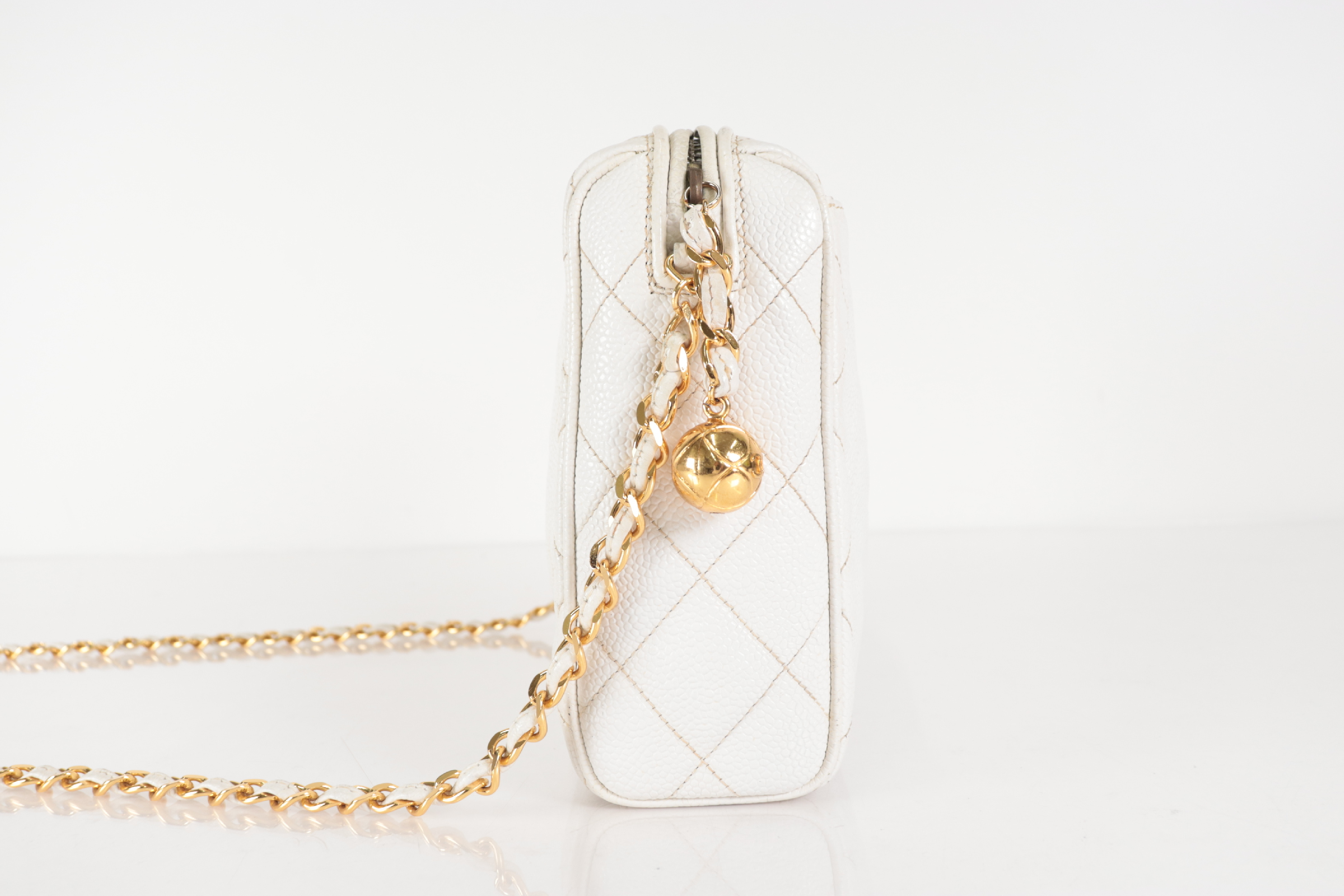 Matelassé Caviar Ball Charm Chain Shoulder Bag, White, Series 3 — view 3