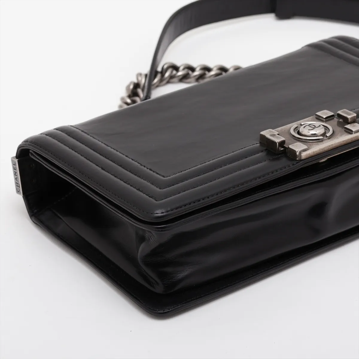 Boy Chanel Leather Chain Shoulder Bag, Logo, Black, Gunmetal Hardware, 15335078, Serial Number 15-series, A67086 — view 4