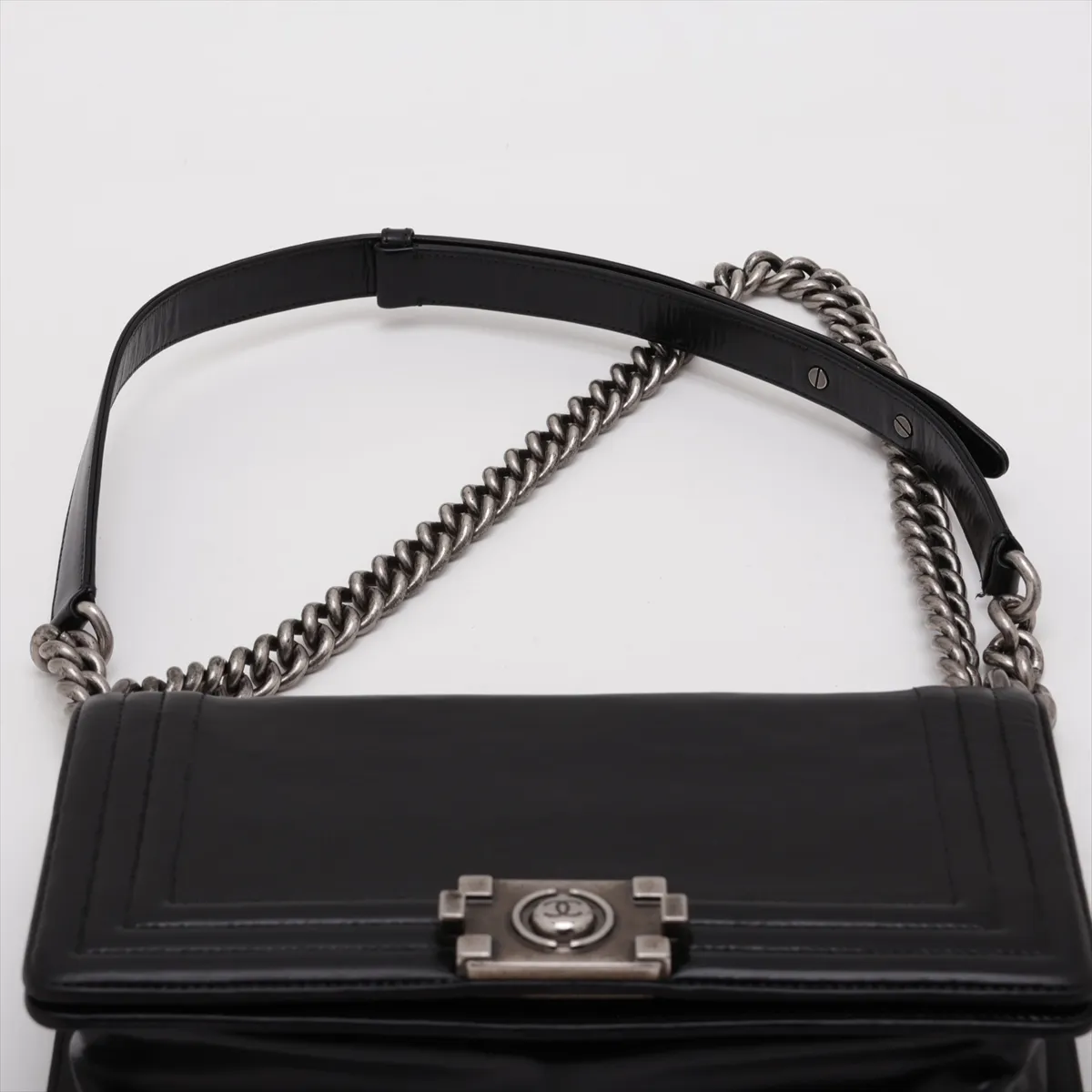 Boy Chanel Leather Chain Shoulder Bag, Logo, Black, Gunmetal Hardware, 15335078, Serial Number 15-series, A67086 — view 6