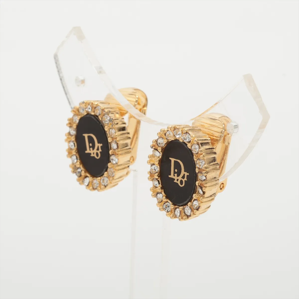 logo earrings (for both ears), gold-plated with rhinestones. Shows signs of wear, tarnishing, — view 3