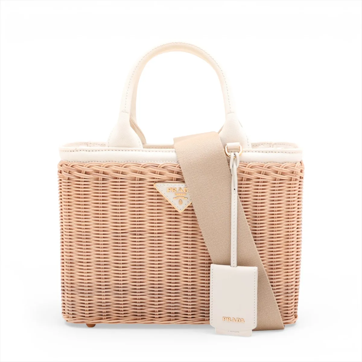 Canapa Wicker Rattan x Canvas 2-Way Handbag Beige 1BG835 Unsigned Guarantee Card
