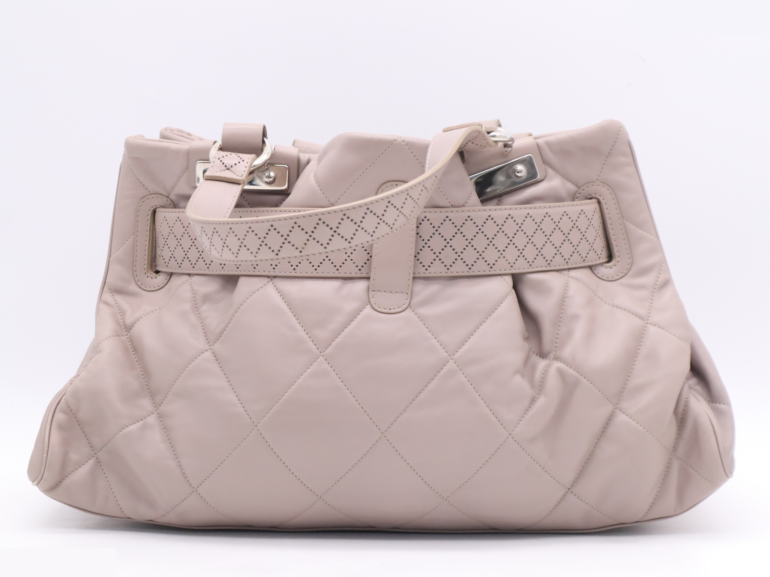 Leather tote bag, pink beige, silver hardware, includes sticker and card. — view 2