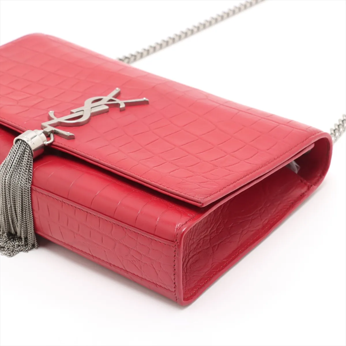 Classic Kate Crocodile Embossed Chain Shoulder Bag, Red, 364021 — view 3