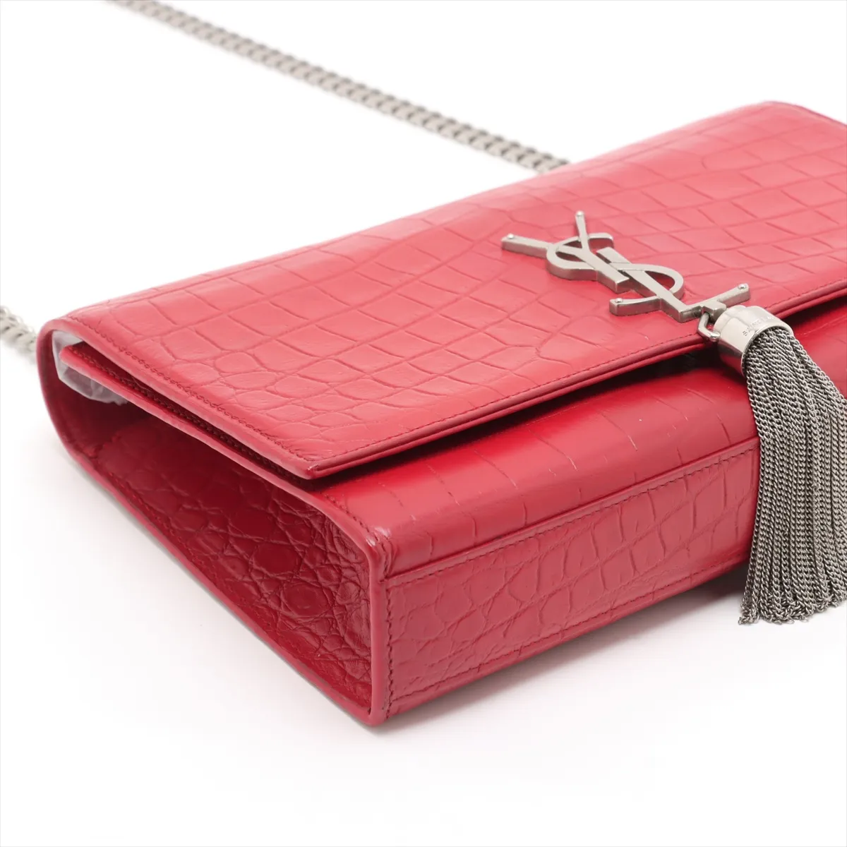 Classic Kate Crocodile Embossed Chain Shoulder Bag, Red, 364021 — view 4